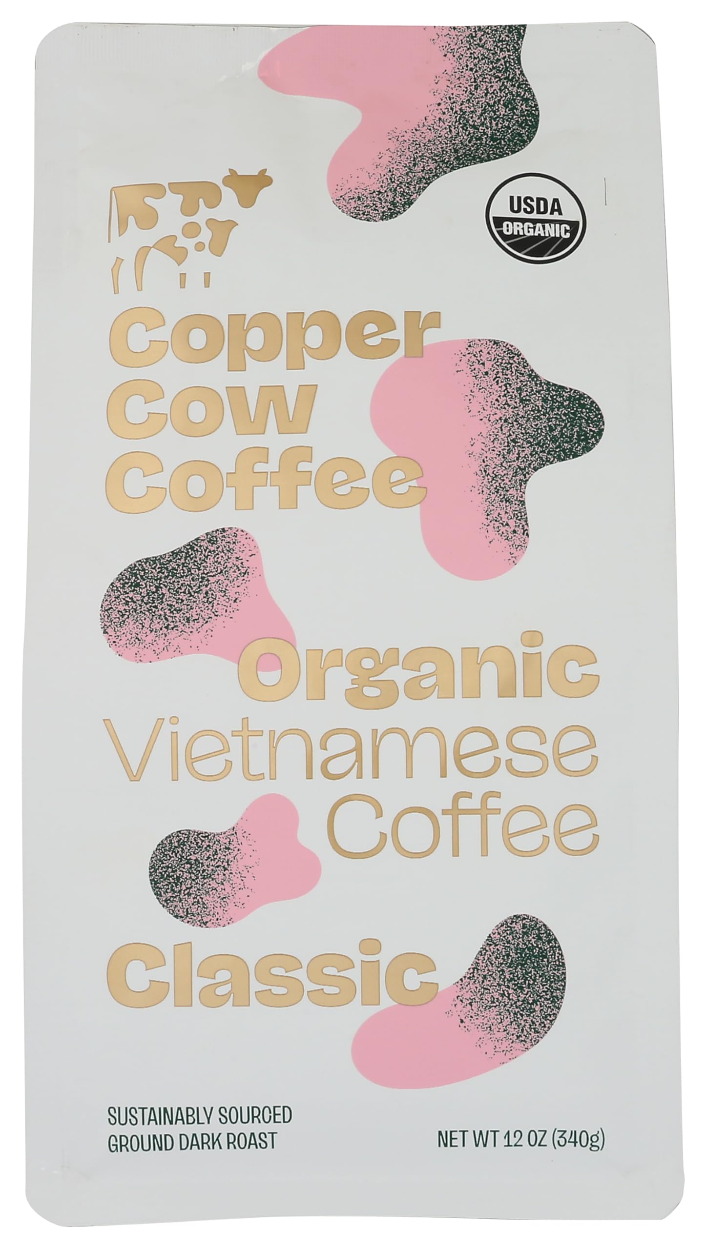 Copper Cow Coffee Organic Classic Vietnamese Dark Roast Ground Coffee, 12 Ounce