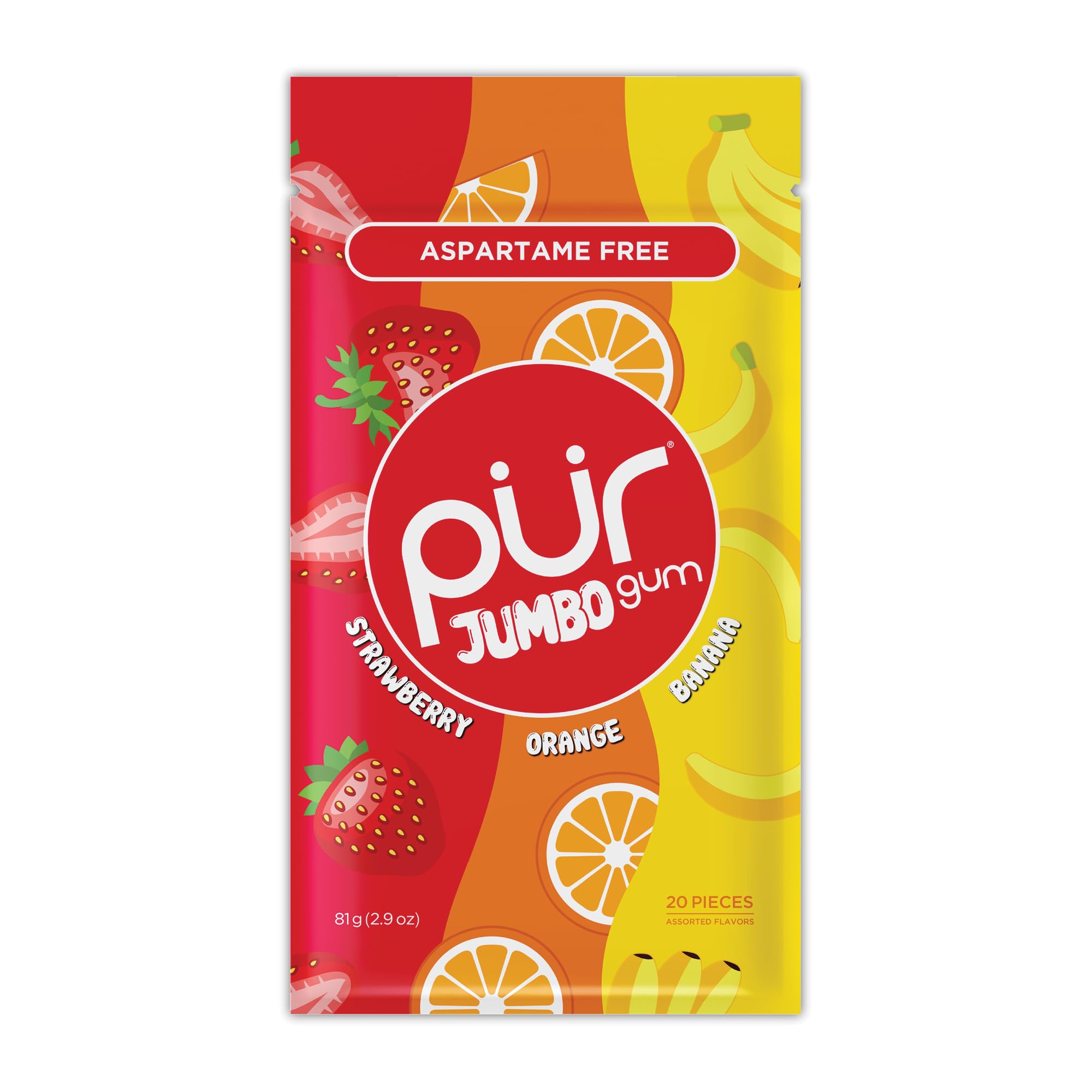 PUR Jumbo Gum, Strawberry, Banana, Orange, Xylitol Gum, 20 Count | No Artificial Sweeteners or flavors, Sugar free, Aspartame free, Vegan, Gluten Free, Fun fruit candy flavor chewing gum