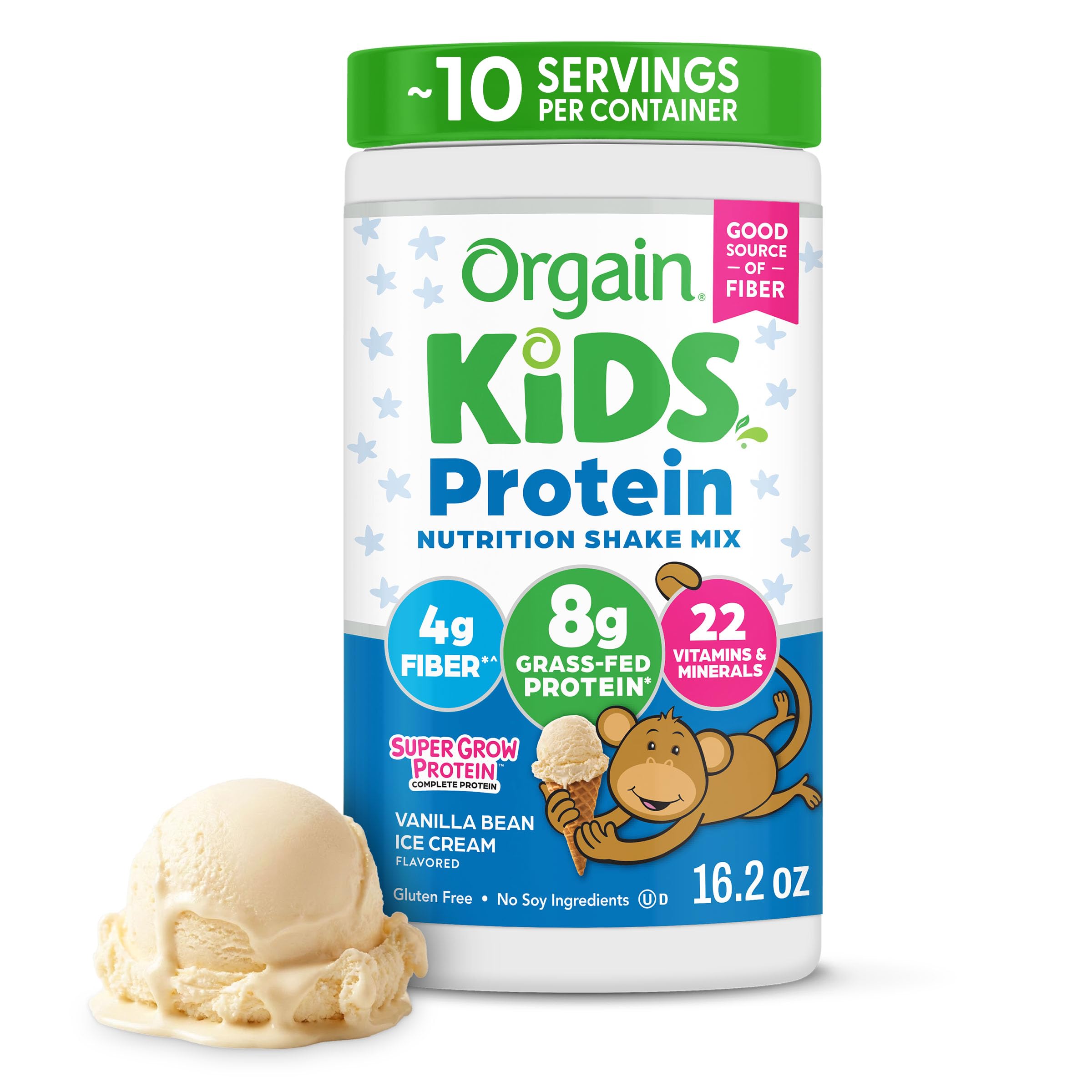 Orgain Kids 8g Grass-Fed Dairy Protein Powder, Vanilla Bean Ice Cream, 1lb | Powder shake mix, 4g fiber, 22 vitamins & minerals, gluten free, no soy, adds nutritents to snacks, for shakes & smoothies