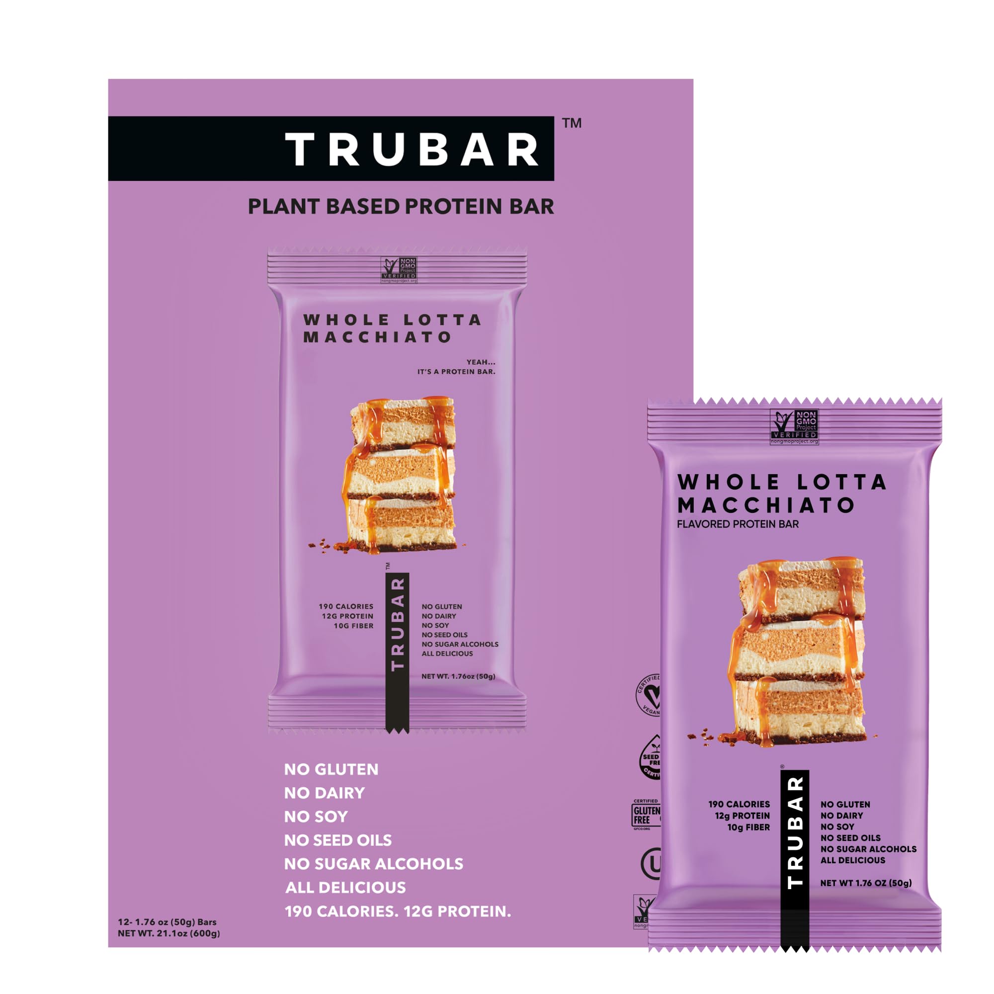 TRUBAR Vegan Protein Bar, Whole Lotta Macchiato, Gluten Free, Plant Based Protein, Dairy Free, Non GMO, Soy Free, No Sugar Alcohols, 12G Protein, 12G Fiber, 23G Carb, On the Go Snack Bars, 12 CT