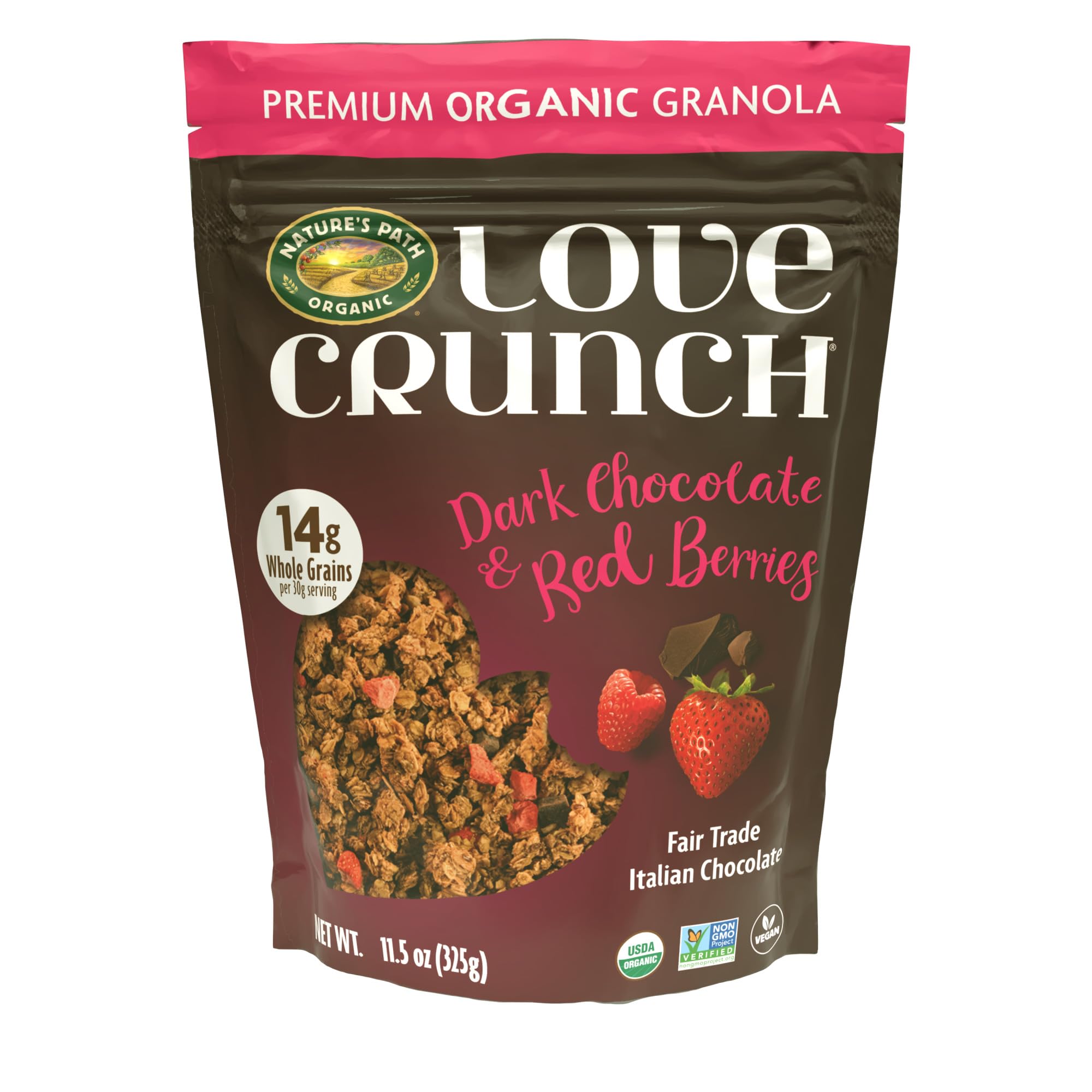 Love Crunch Dark Chocolate & Red Berries Granola, 11.5 oz (Pack of 1) | Fair Trade Italian Dark Chocolate, 14g Whole Grains, Premium Organic Granola, Non-GMO, Vegan, Family Owned Company