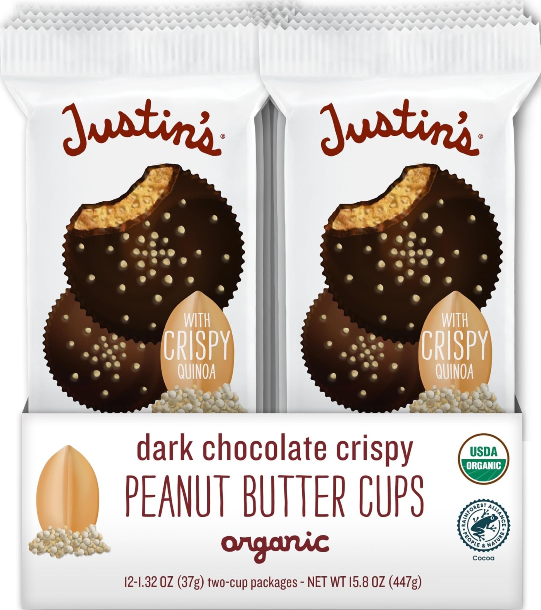 Justin's, Cups Dark Chocolate Crispy Peanut Butter Organic, 1.32 Ounce, 12 Count