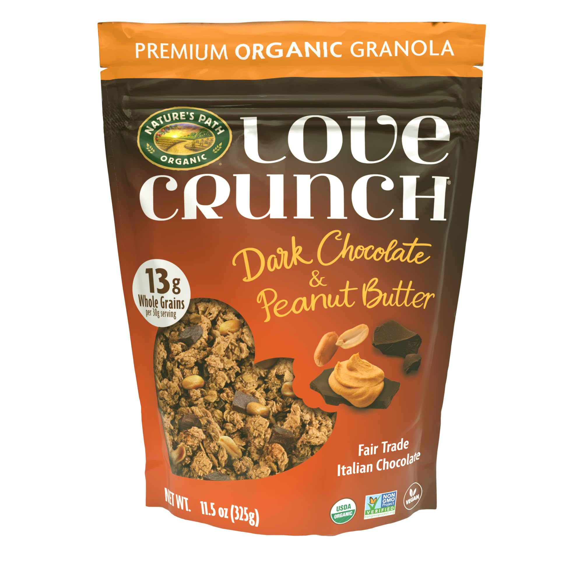 Granola Love Crunch Peanut Butter Dark Chocolate Organic, 11.5 Ounce | Fair Trade Italian Dark Chocolate, 13g Whole Grains, Premium Organic Granola, Non-GMO, Vegan, Family Owned Company