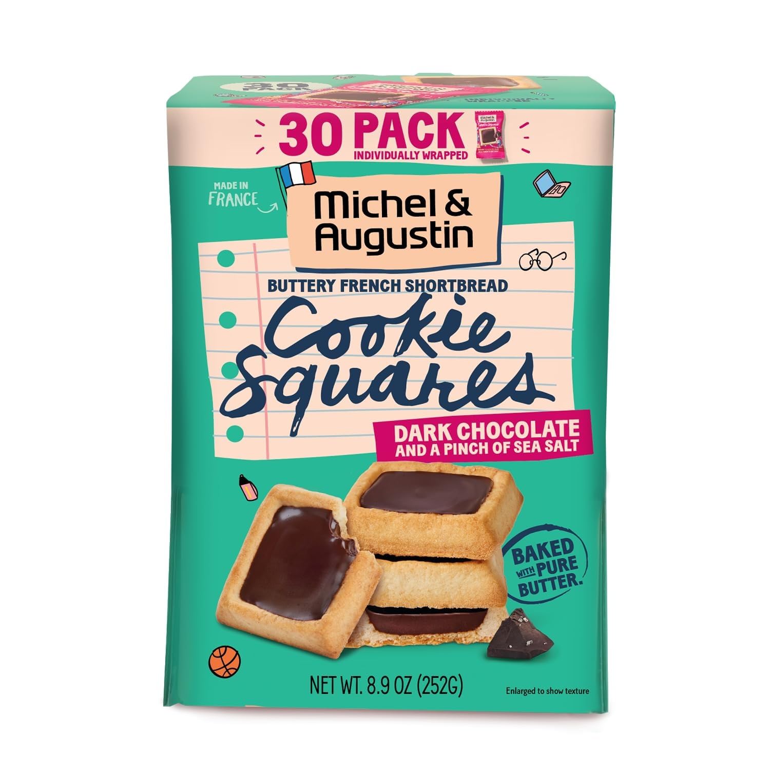 Michel & Augustin Dark Chocolate Sea Salt Shortbread Cookie Gift Box, 30ct (Back To School)