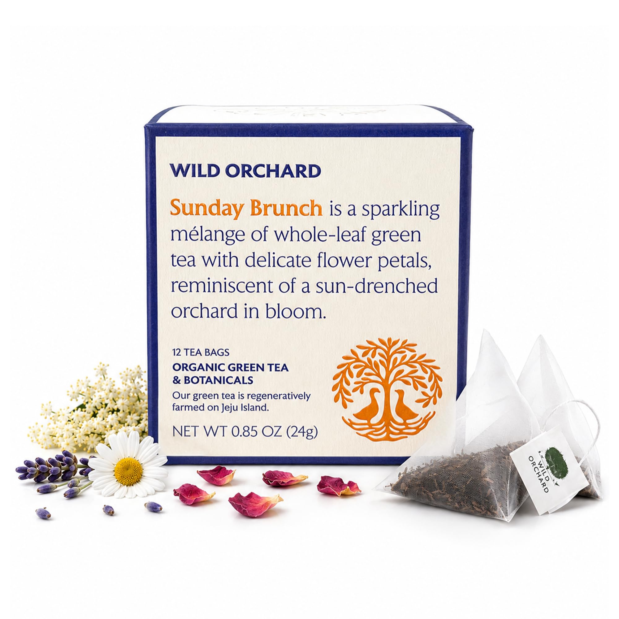 Wild Orchard Regenerative Organic Certified Flavored Green Tea - Sunday Brunch (12 Tea Bags) - With Delicate Flower Petals - Regeneratively Cultivated on Jeju Island in South Korea