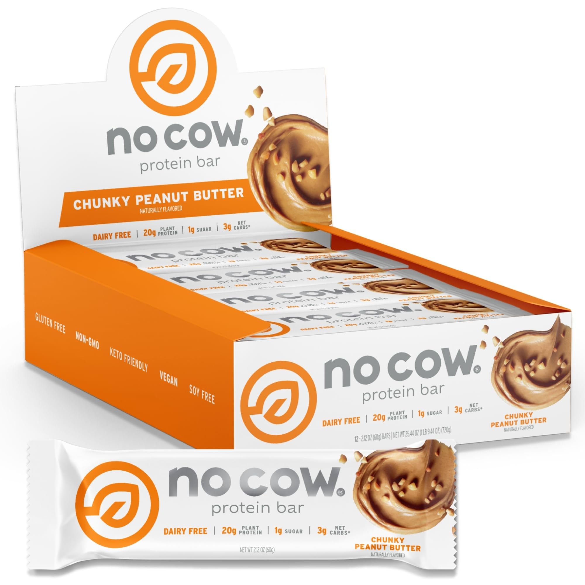 No Cow Chunky Peanut Butter Vegan Protein Bars, 12 Pack | 20g High Plant-Based Protein, High Fiber, Low Sugar, Gluten-Free, Dairy-Free, Soy-Free, Keto-Friendly Snack Bars