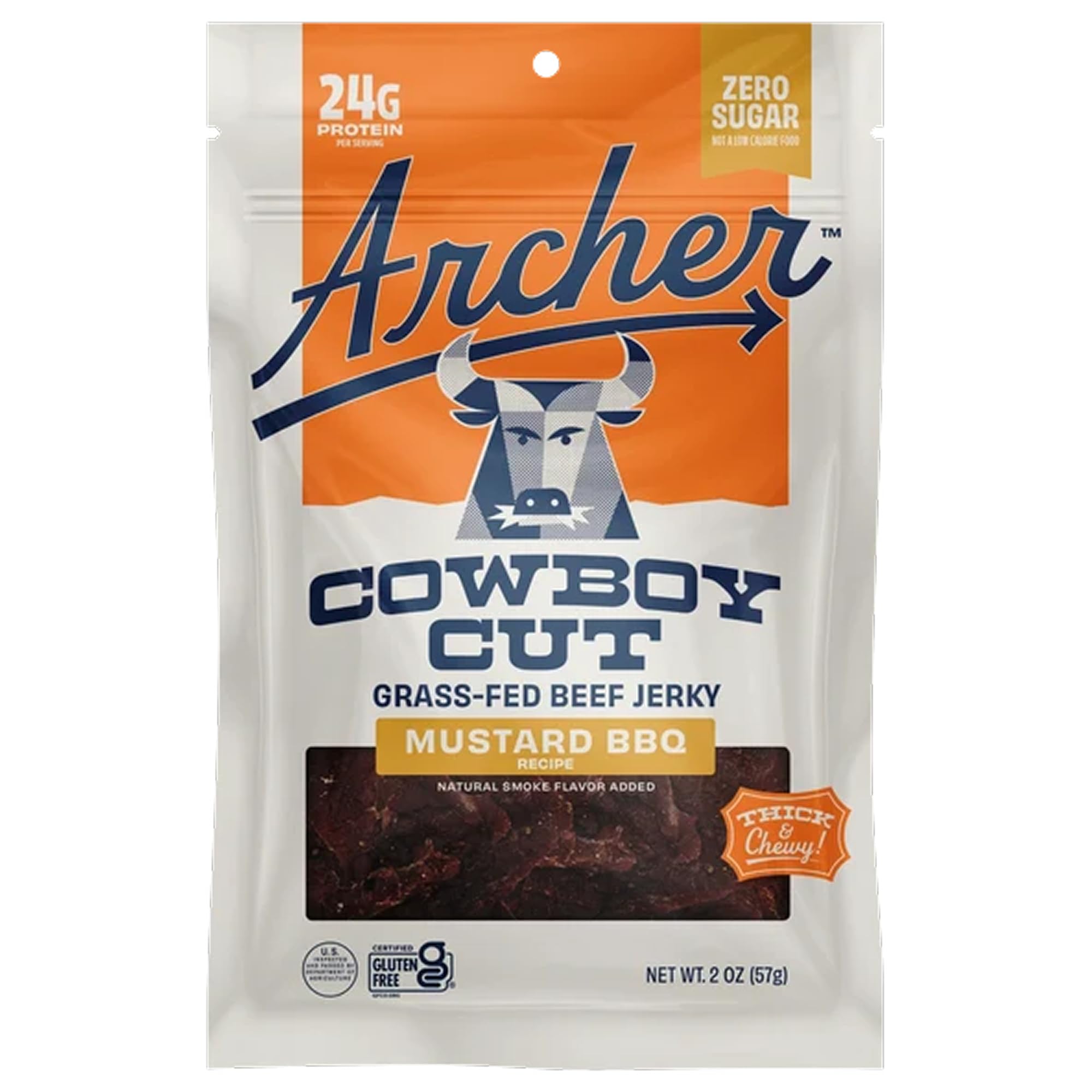 Archer Cowboy Cut Beef Jerky, Zero Sugar, Mustard BBQ - 2 oz | Zero sugar, 12g protein per oz, 80 calories, 3g carbs, certified gluten free and keto, thick cut