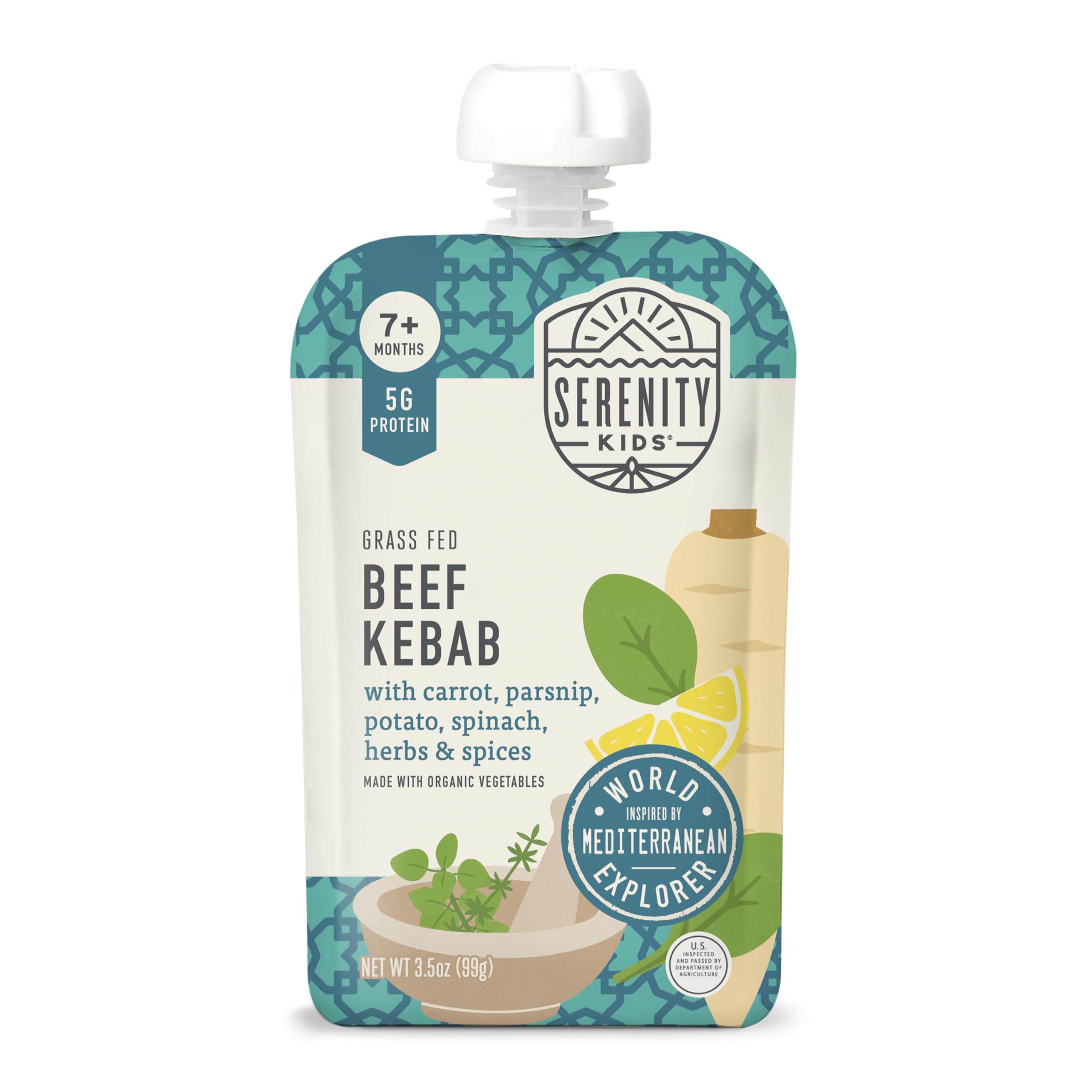 Serenity Kids 7+ Months World Explorers Baby Food Pouches Puree Made With Ethically Sourced Meats & Organic Veggies | 3.5 Ounce BPA-Free Pouch | Beef Kebab | 1 Count