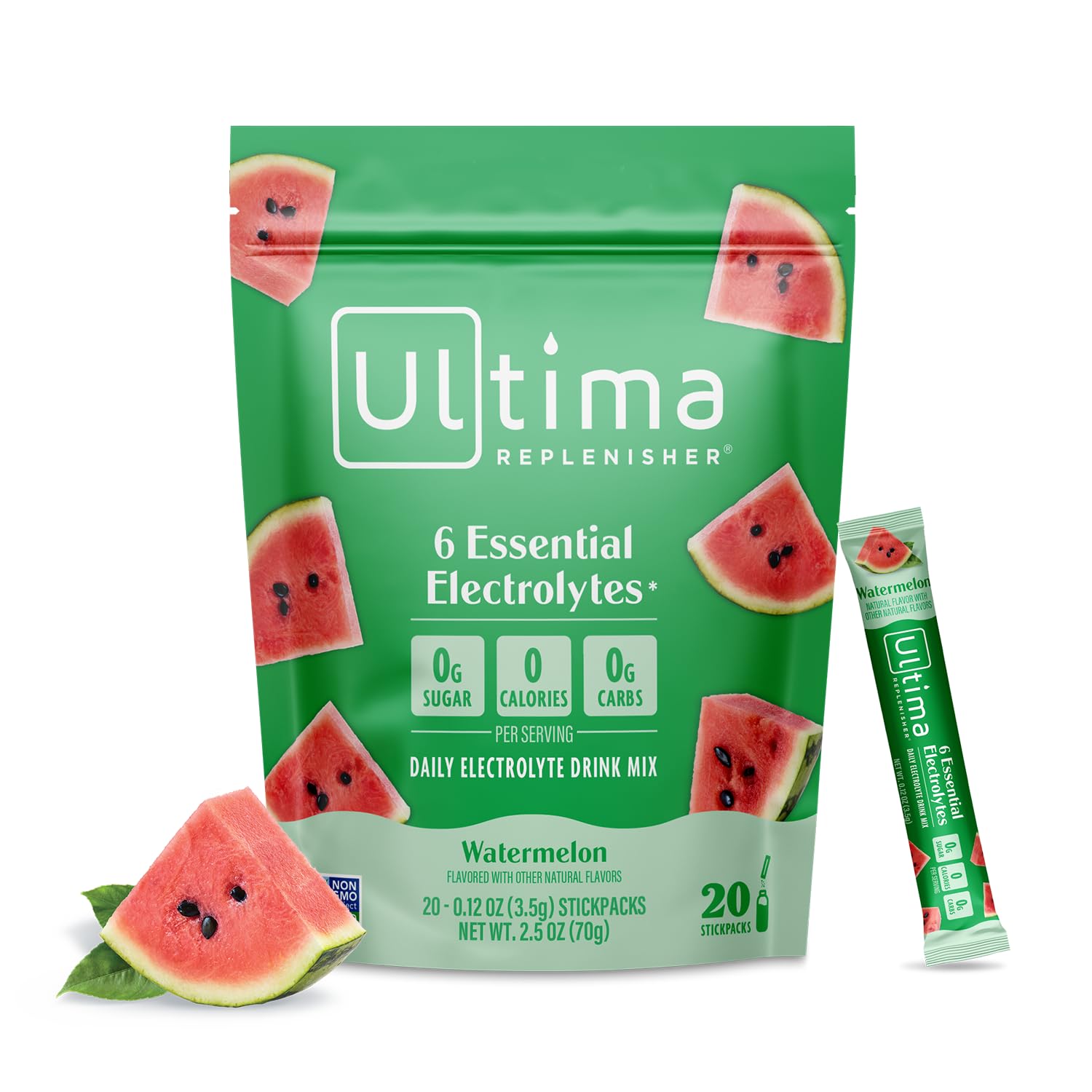 Ultima Replenisher Watermelon Electrolyte Packets, 20 Stickpacks | Daily Zero Sugar Powder Hydration Packets with 6 Key Electrolytes & Minerals - Sugar Free, Plant Based & Keto Friendly