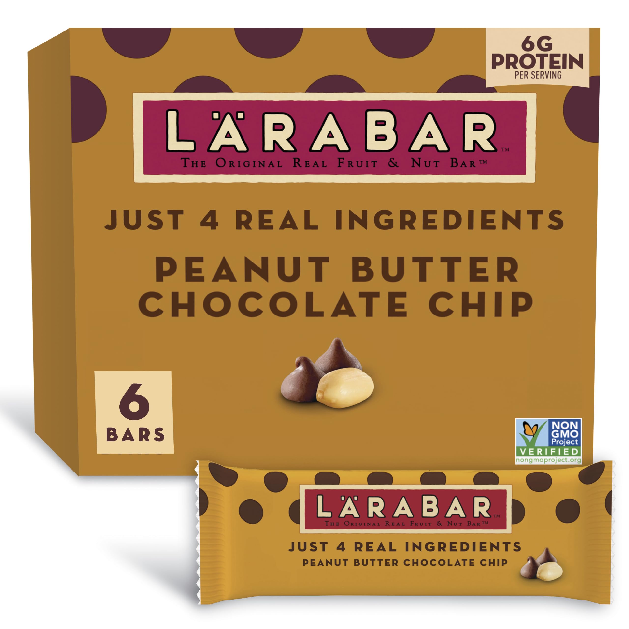 Larabar Peanut Butter Chocolate Chip Fruit & Nut Bars, 6 ct, 9.6 oz | Gluten-Free, Vegan, Dairy Free, Non-GMO Project Verified, 6G Protein per Serving, Fair Trade Certified Chocolate