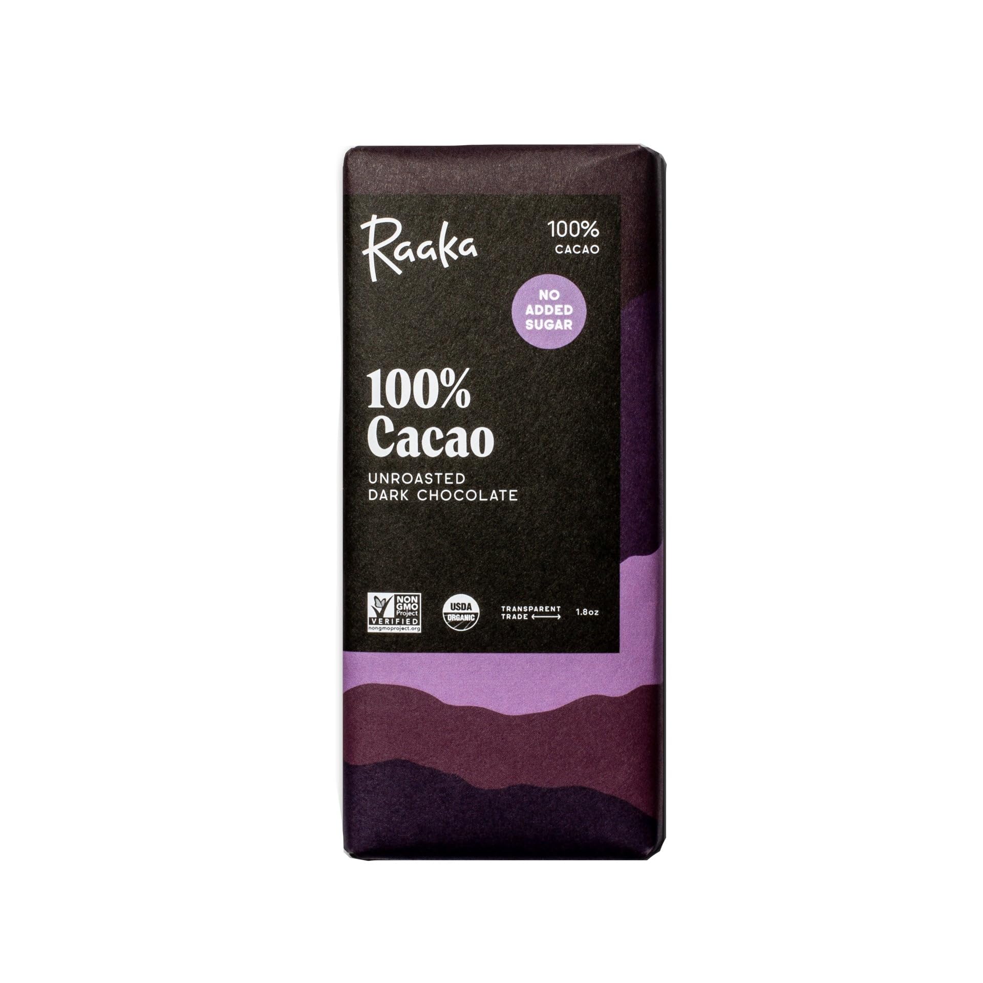 Raaka 100% Dark Chocolate Bars - Unsweetened, Sugar Free, Pure Cacao - Organic, Vegan, Soy Free, Gluten Free, Kosher, Keto, Nut Free - 1.8oz 100% Chocolate Bars, Single Bar