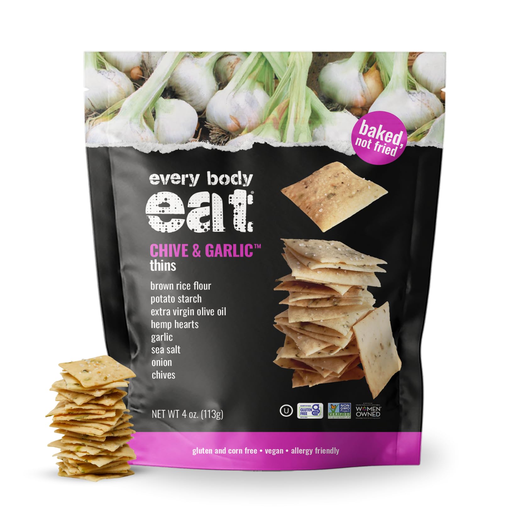 Every Body Eat Snack Cracker Thins, Chive & Garlic - Gluten Free, Vegan, Dairy Free, and Seed Oil Free, 4oz