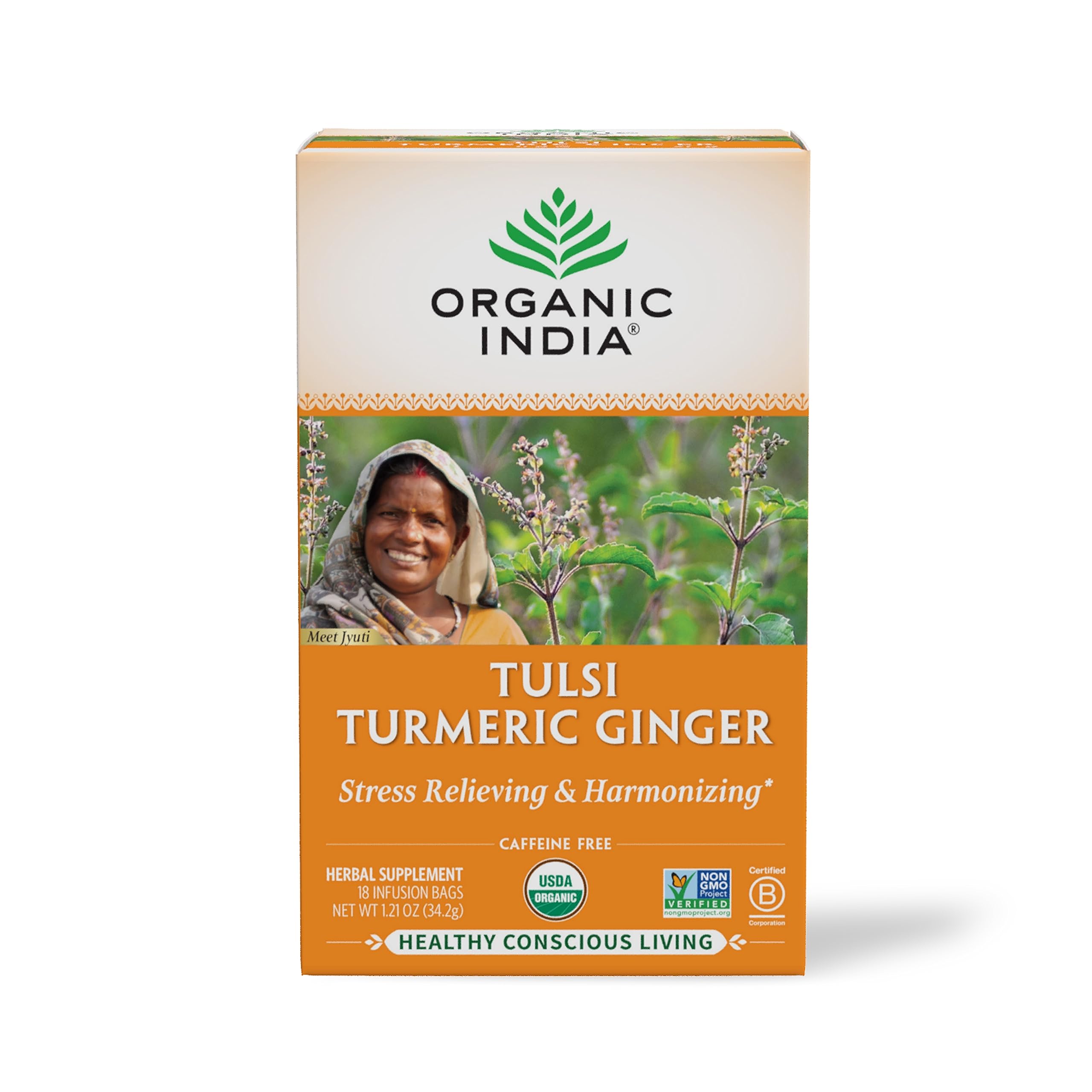 ORGANIC INDIA Tulsi Turmeric Ginger Tea Bags, 18 Infusion Bags, 1 Pack | Herbal Tea, Stress Relieving & Harmonizing, Immune Support, Healthy Inflammatory Response, Aids Digestion, Caffeine-Free