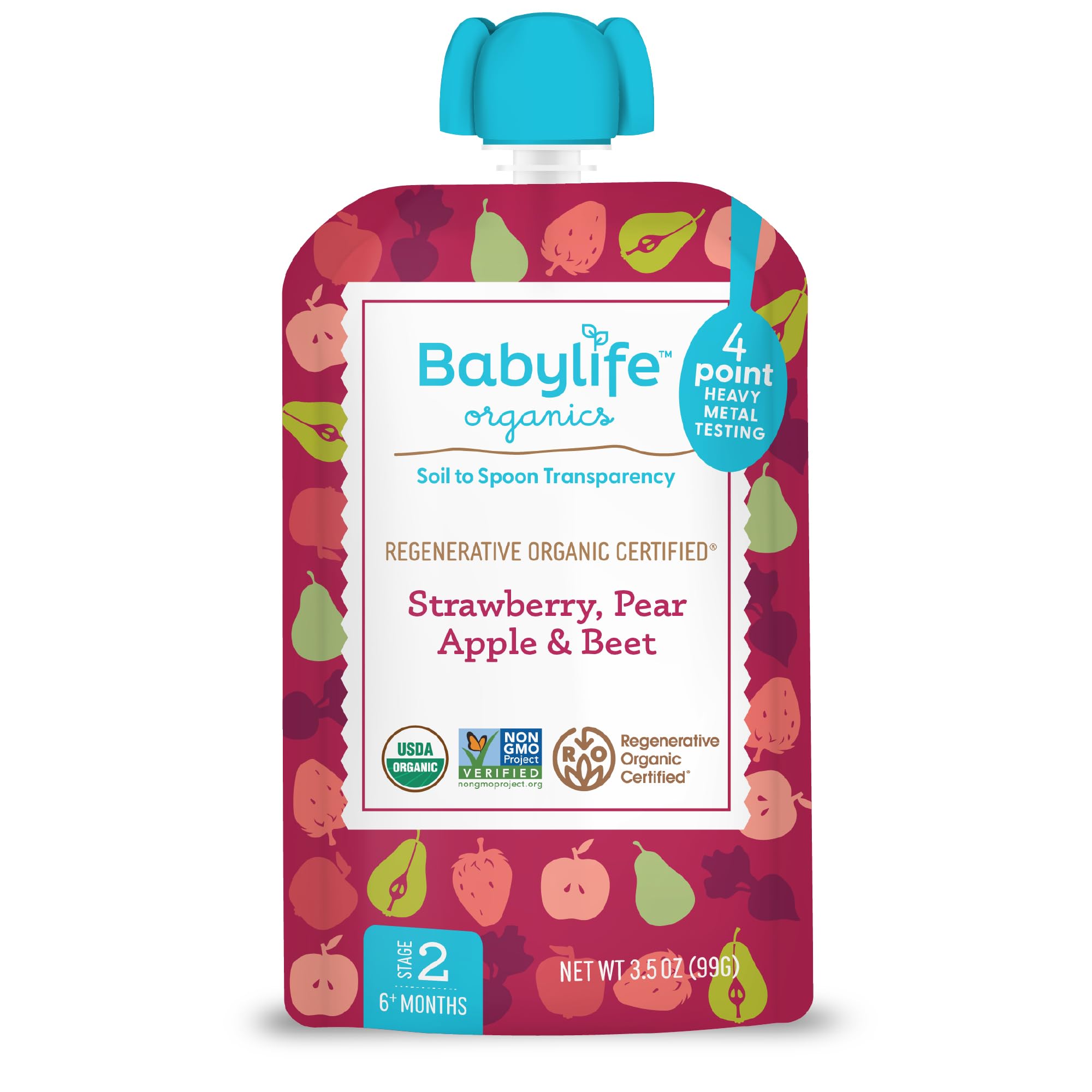 Babylife Organics Stage 2 - Strawberry, Pear, Apple & Beet, 3.5 Ounce Pouch (1 Pack) - Heavy Metal Safe, Organic Baby Food