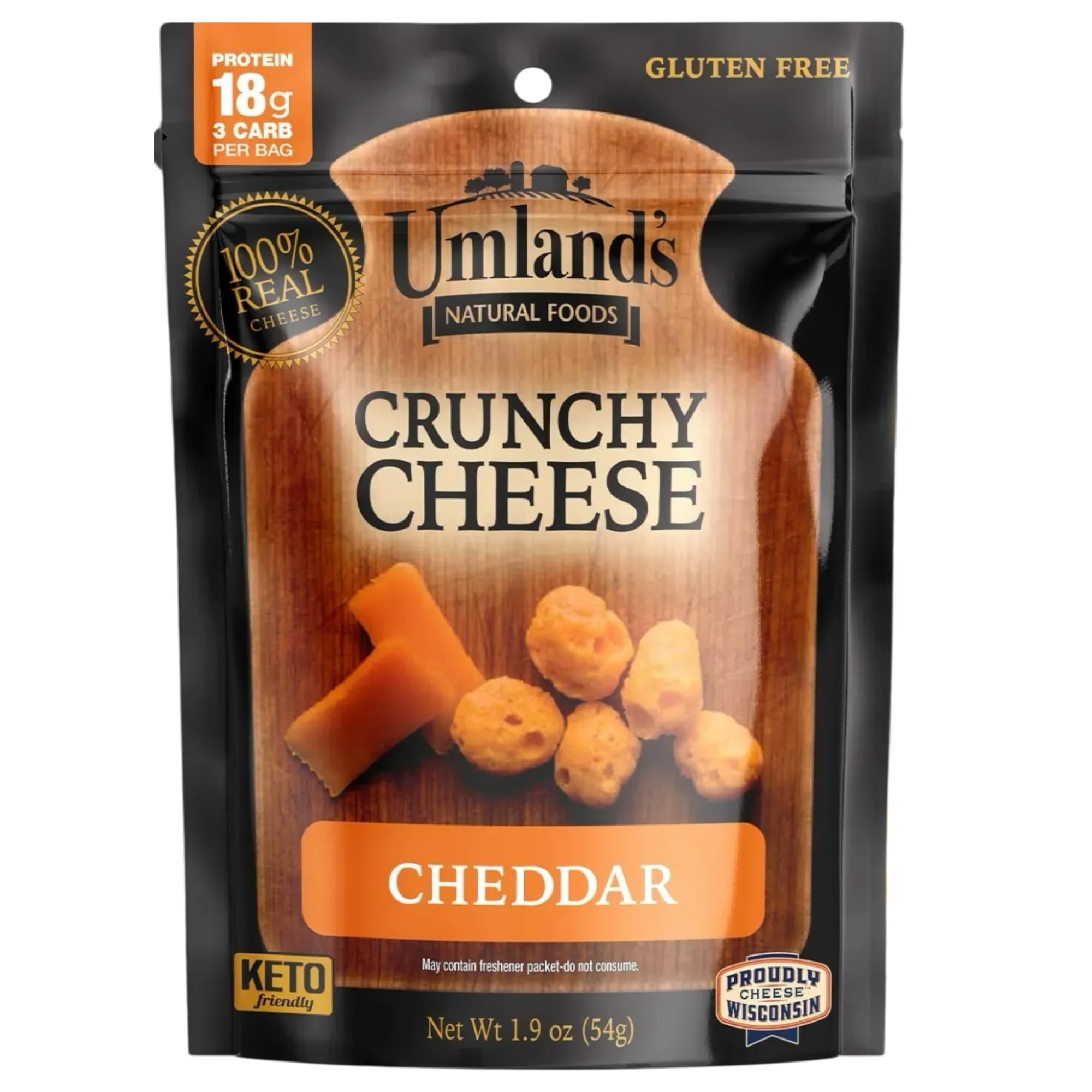 Umland’s Crunchy Cheese – Cheddar (1.9 oz Bag) | 100% Real Wisconsin Cheese, Keto, Low-Carb, High-Protein, Gluten-Free, Shelf-Stable Snack