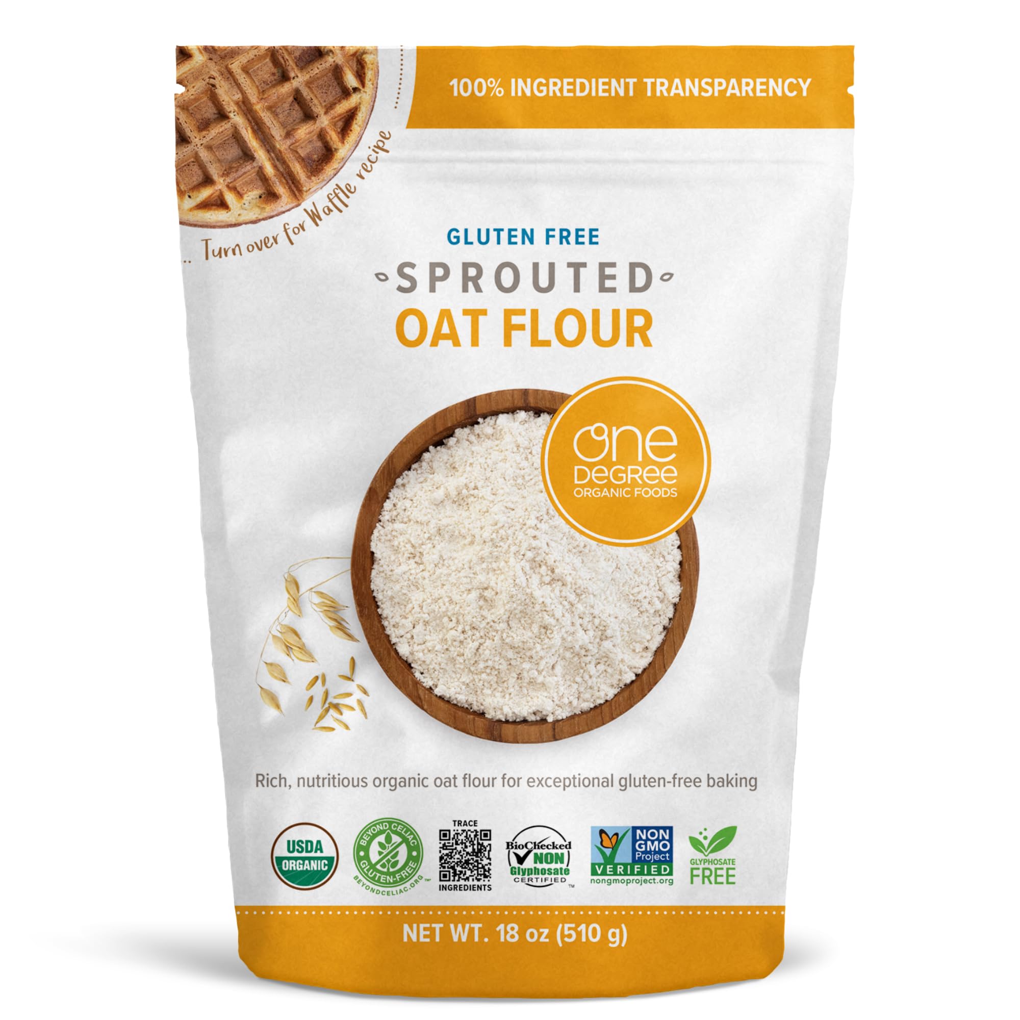One Degree Organics Organic Sprouted Oat Flour, 18oz | Whole Grain Baking Flour, Glyphosate-Free, USDA Organic, Gluten-Free, Non-GMO, Vegan, Kosher, White Flour Alternative