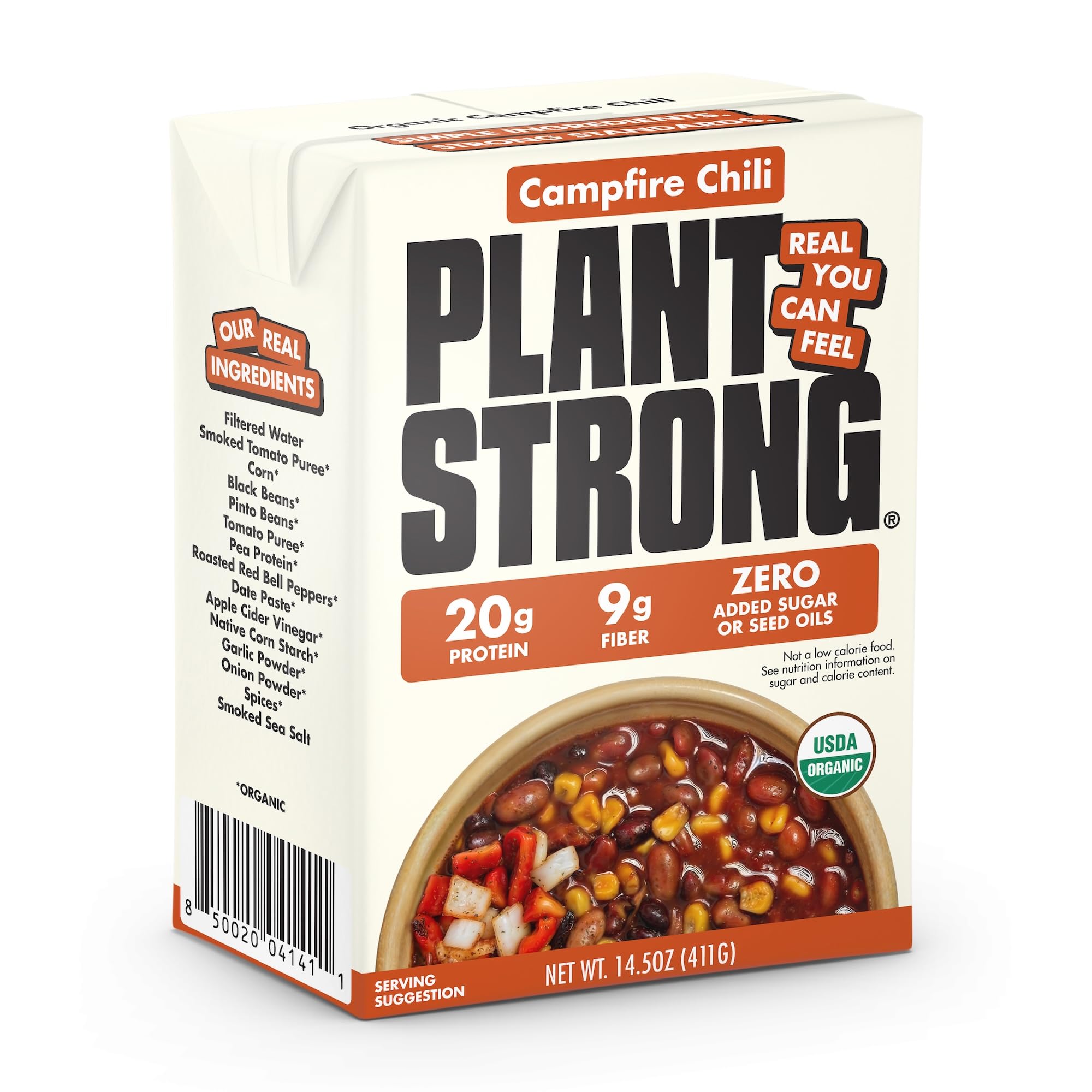 Plant Strong Organic Campfire Chili, 14.5 oz | High Protein Vegan Chili with Black Beans & Corn, 20g Protein, USDA Organic, No Seed Oils, Ready-to-Eat Plant-Based Meal