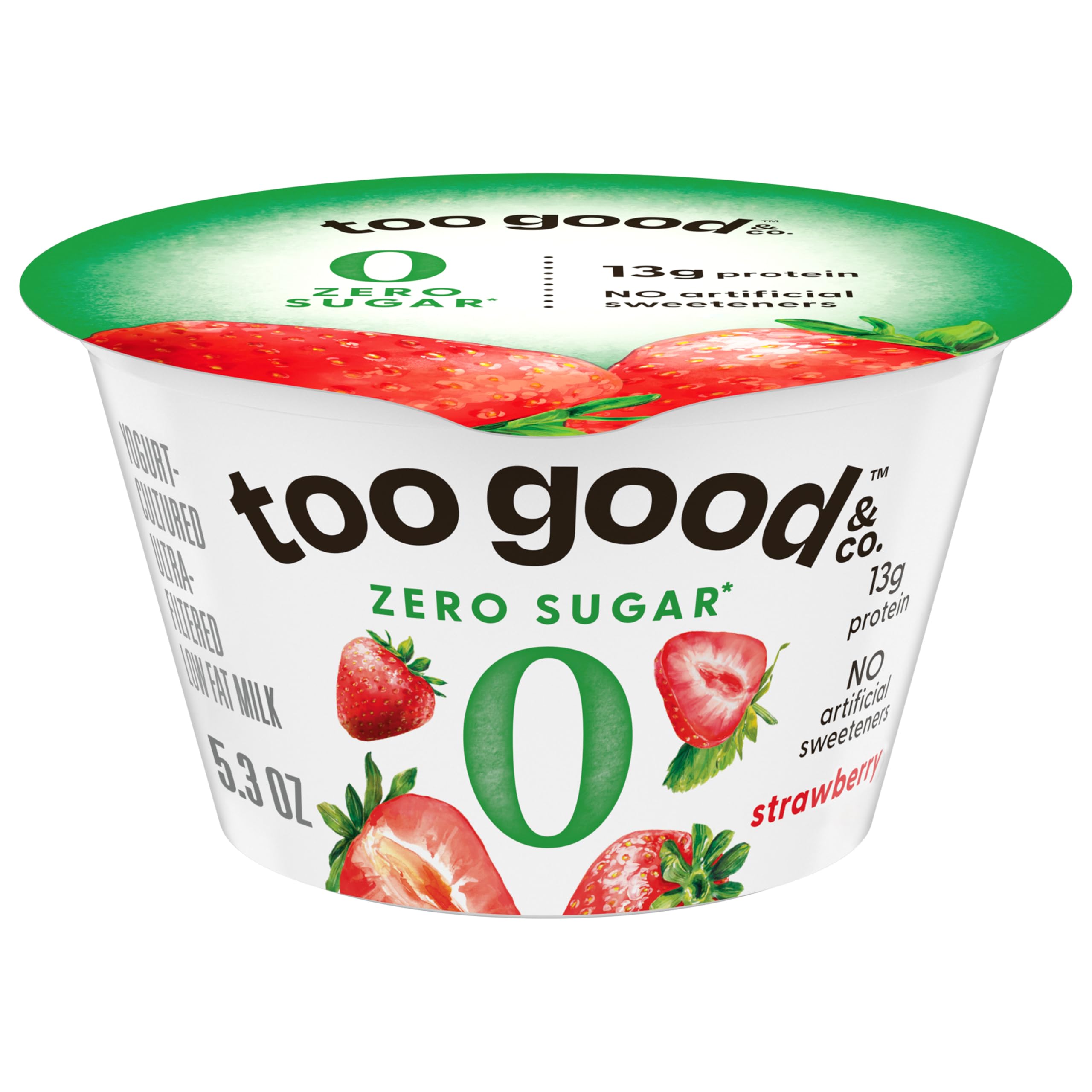 Too Good & Co. Zero Sugar Low Fat Milk Product, Strawberry, 5.3 oz | Smooth & Creamy, 13g Protein, 70 Calories, 0g Total Sugar, No Lactose or Artificial Sweeteners, Non-GMO Project Verified