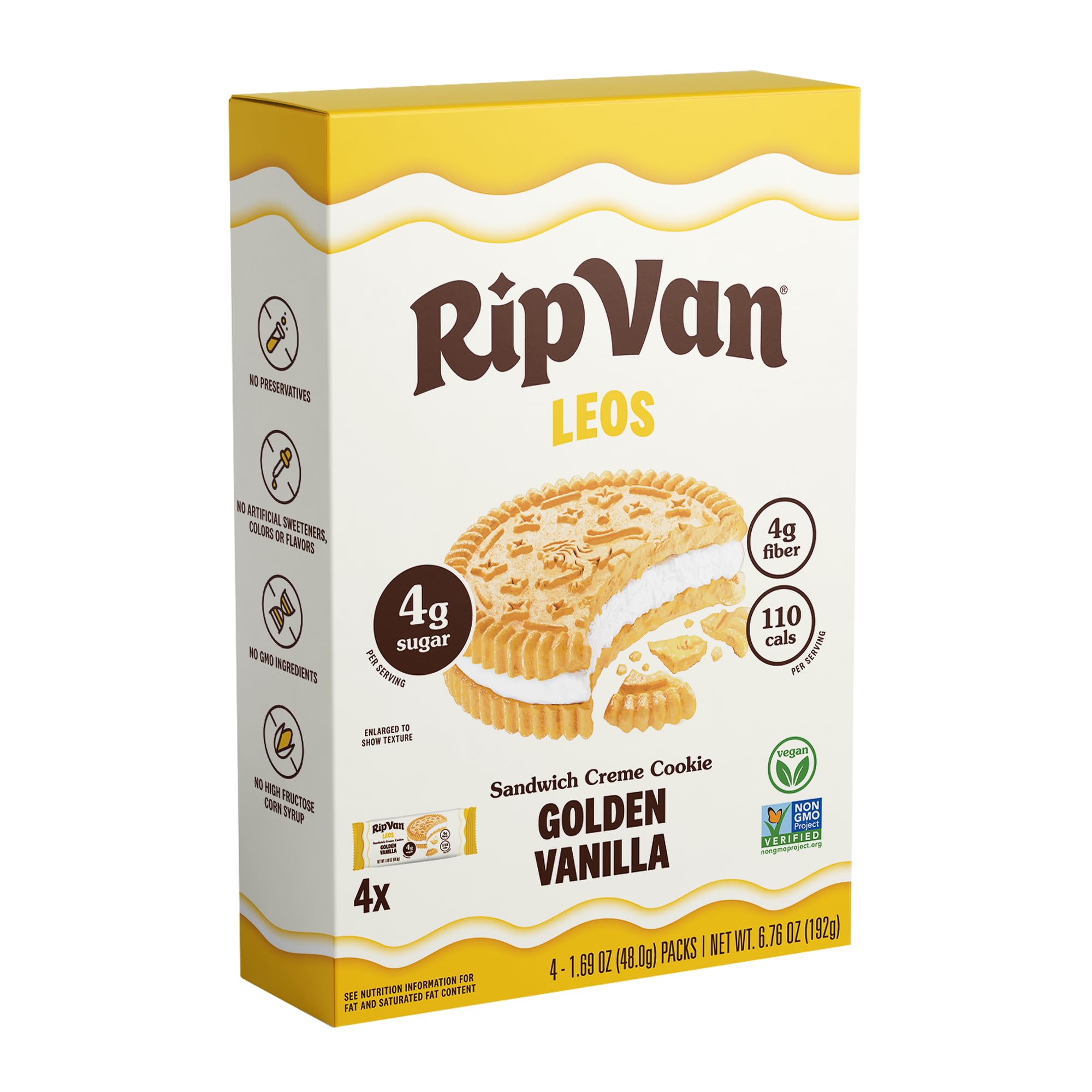 Rip Van Leos - Golden Vanilla Sandwich Cookies - Low Sugar and Low Carb Snack - Diabetic Snacks - 4 Packs of 1.69oz)