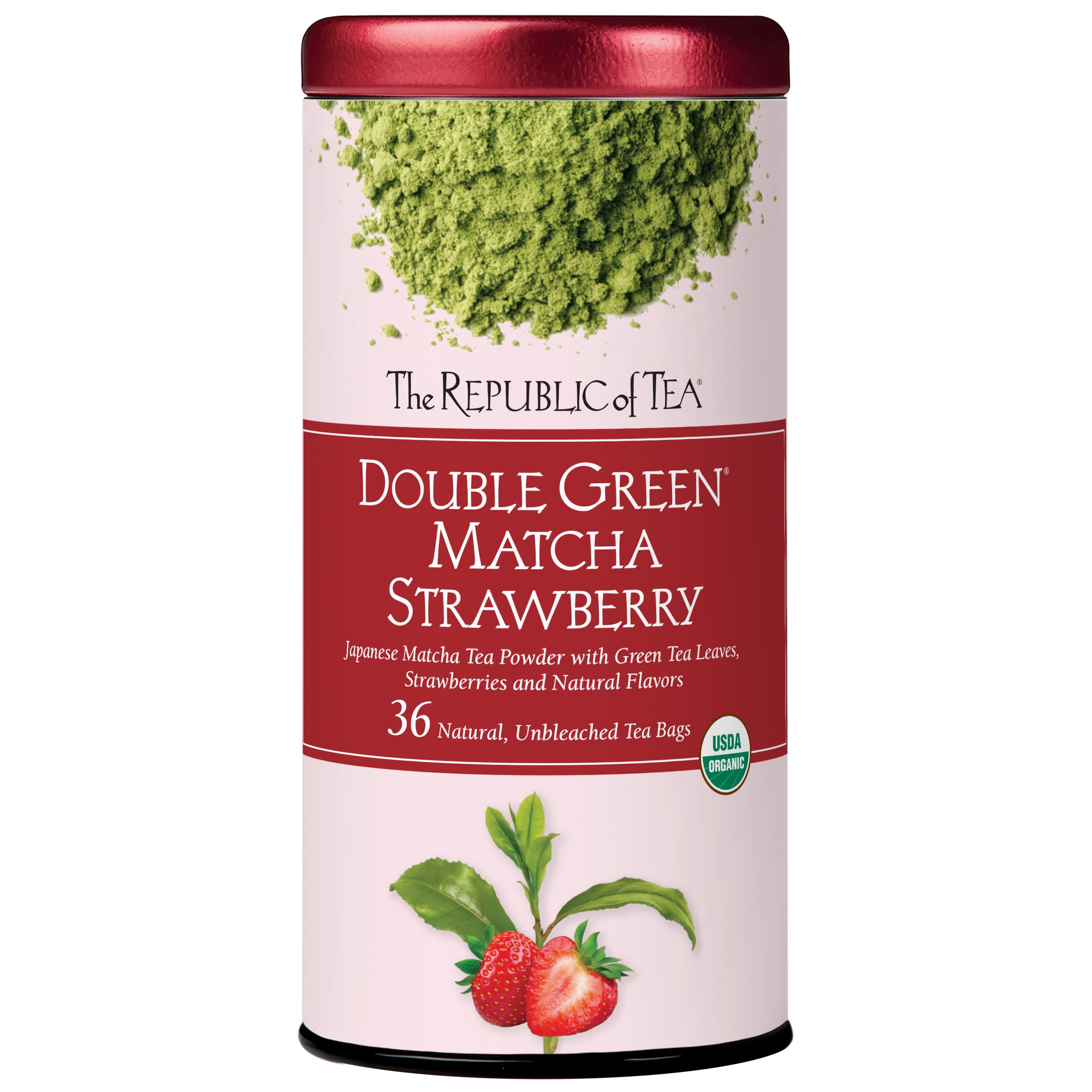 The Republic of Tea Organic Double Green Matcha Strawberry Green Tea, 36 Ct | Naturally Caffeinated. Fresh with notes of light vegetal character and juicy fruit. USDA Organic and Gluten Free.