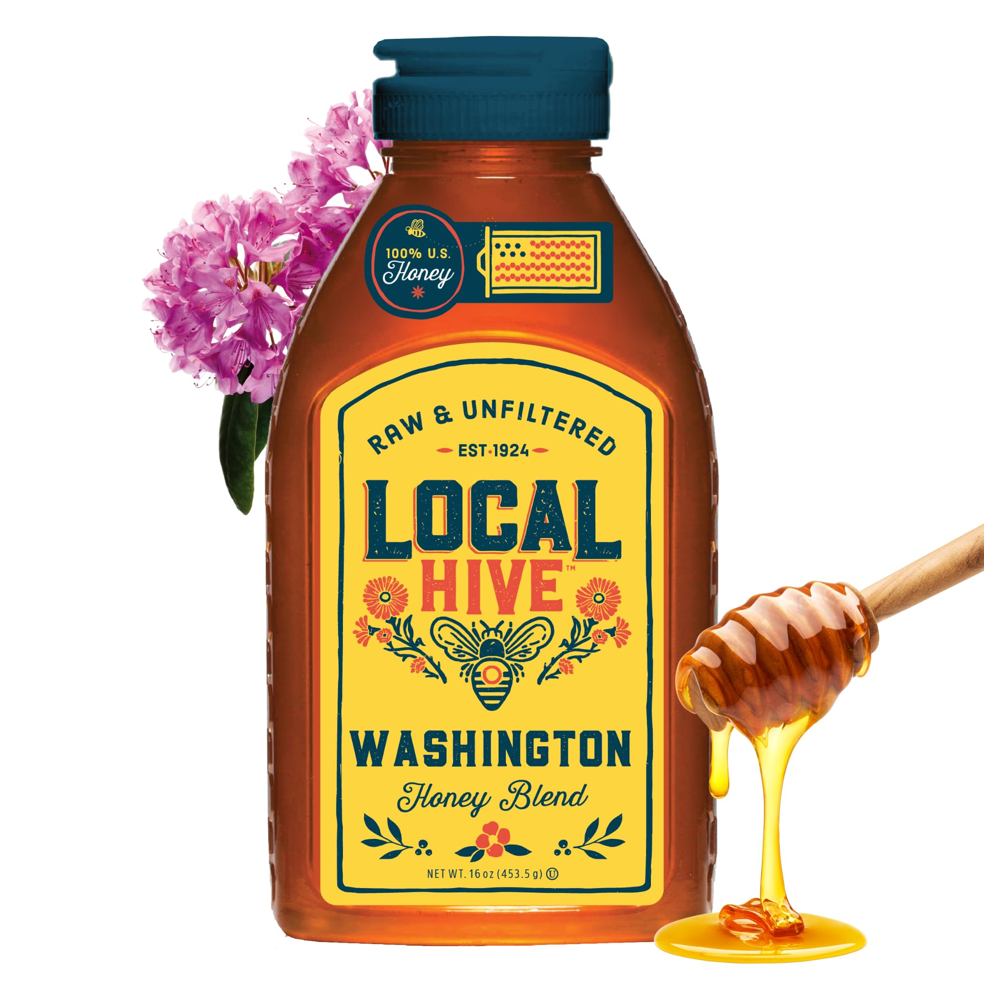 Local Hive Washington Raw & Unfiltered Honey, 100% US Honey, 16 oz | 100% pure, raw honey from US beekeepers | local floral notes | sweeten tea, coffee, baking, yogurt & breakfast