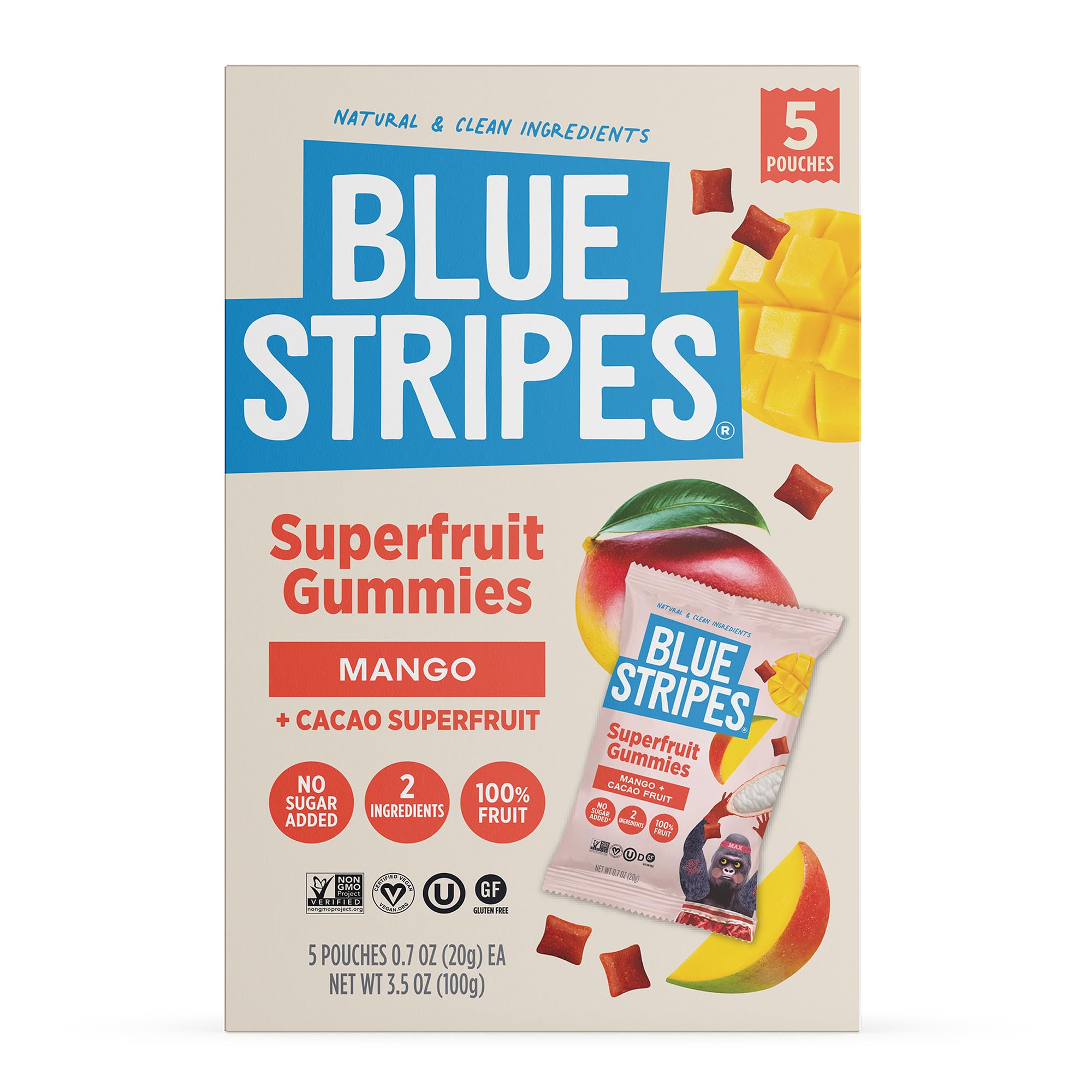 Blue Stripes Mango Cacao Superfruit Gummies - 100% Fruit Snack for Kids & Adults | No Sugar Added, Gluten Free, Vegan Gummy | 5 Single Serve Pouches (0.7oz) for School, Travel