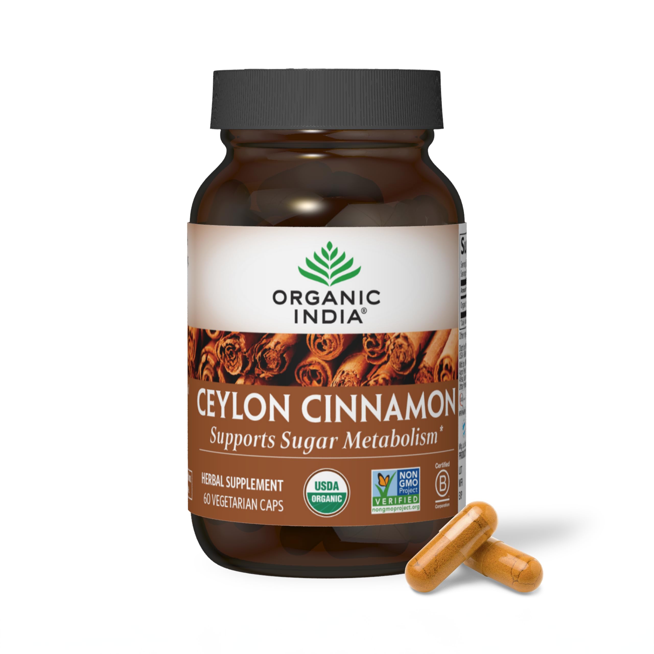 ORGANIC INDIA Ceylon Cinnamon Supplement, Support Digestion, 60 Capsules | Organic Ceylon Cinnamon Capsules, Pills Herbal Supplement, Source of Antioxidants, USDA, Vegan, Gluten-Free