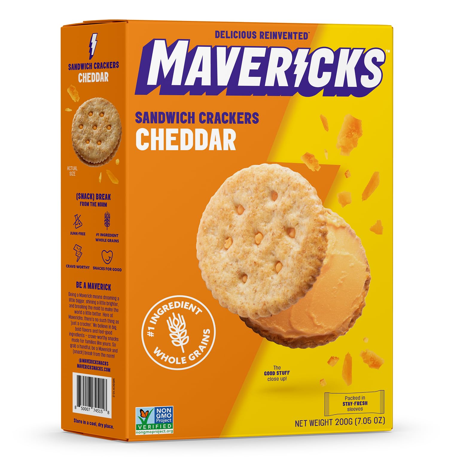 Mavericks Sandwich Crackers Cheddar - Cheese Filled Whole Grain Sandwich Cracker Snack Packs, Non-GMO - Back to School - 7 oz Box (1 Pack)