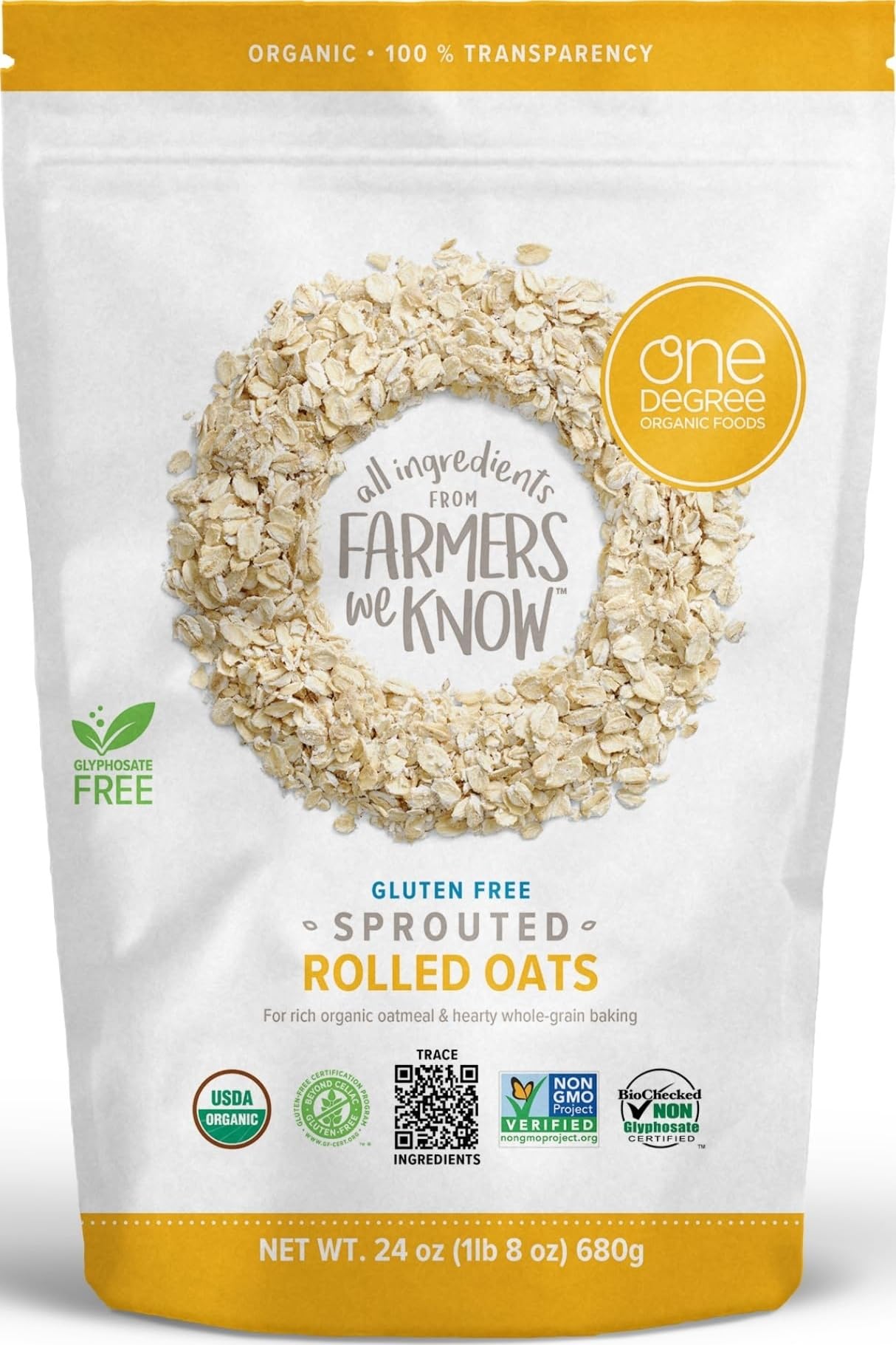 One Degree Organics Sprouted Rolled Oats, 24oz | Glyphosate-Free, USDA Organic, Gluten-Free, Non-GMO, Vegan, Kosher, Oatmeal, Overnight Oats