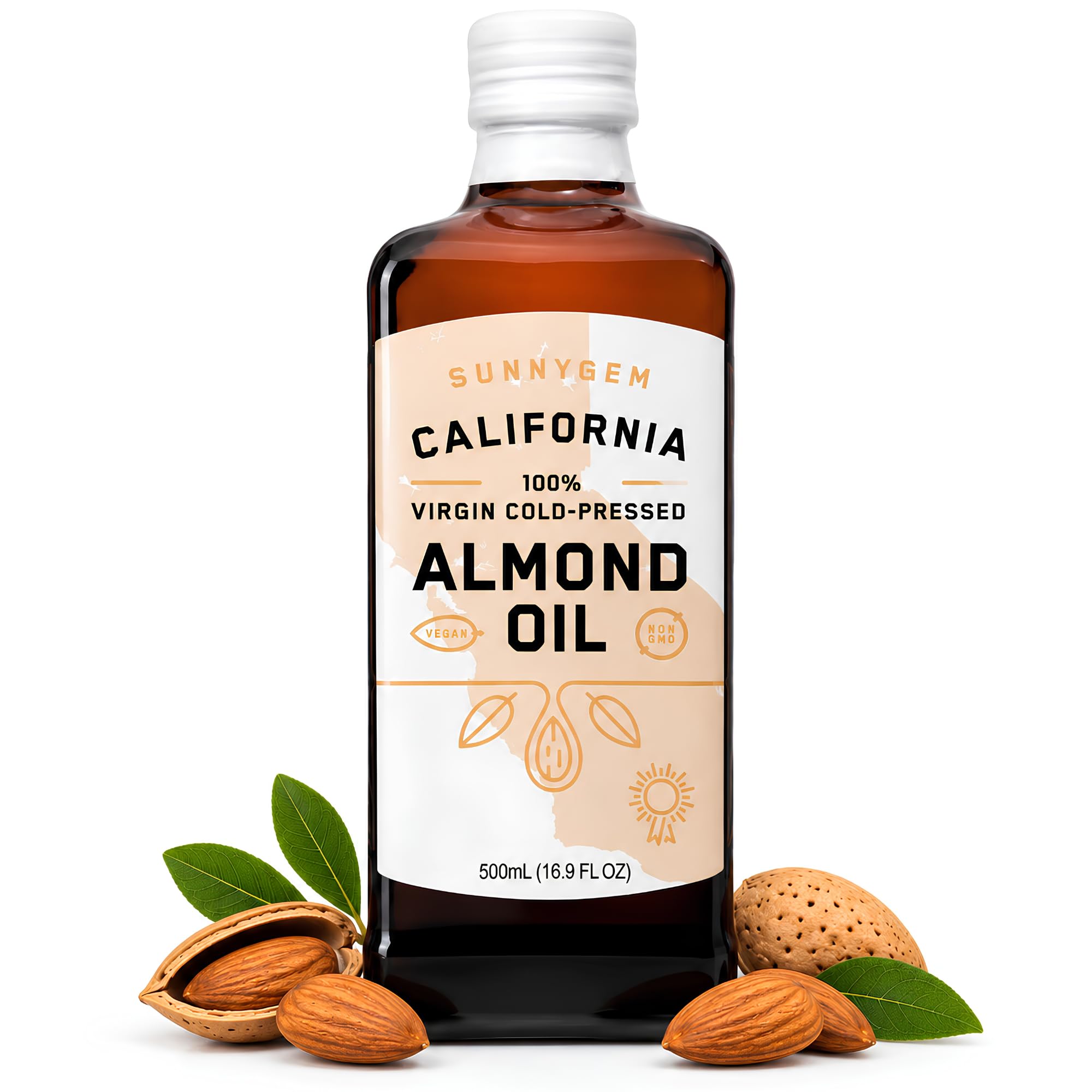 Sunnygem California Almond Oil Cold Pressed Food Grade for Cooking 16.9 oz | Cold pressed and unrefined, for baking, sauteing, dressings and marinades. Non-GMO, vegan, kosher. Also for skin and hair.