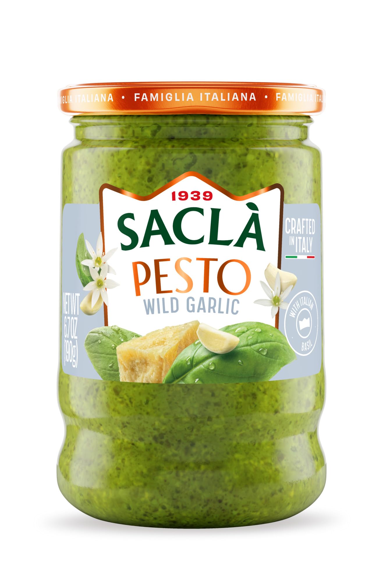 SACLA Wild Garlic (and Basil) Pesto Sauce 6.7 oz Glass Jar | Made with Parmigiano Reggiano & Pecorino Romano Cheeses, Non-GMO Italian Gourmet Pasta Sauce, Imported from Italy