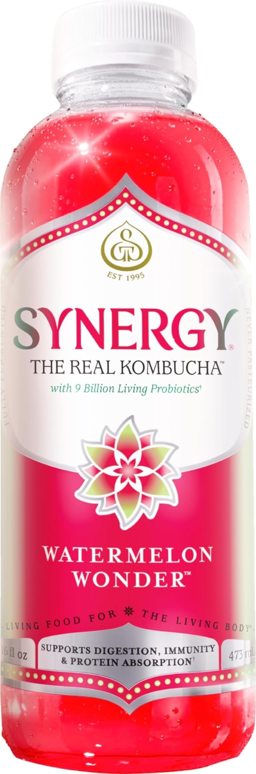 SYNERGY The Real Kombucha - Watermelon Wonder - 16 fl oz Bottle - Raw Probiotic Drink for Gut Health and Immune Support