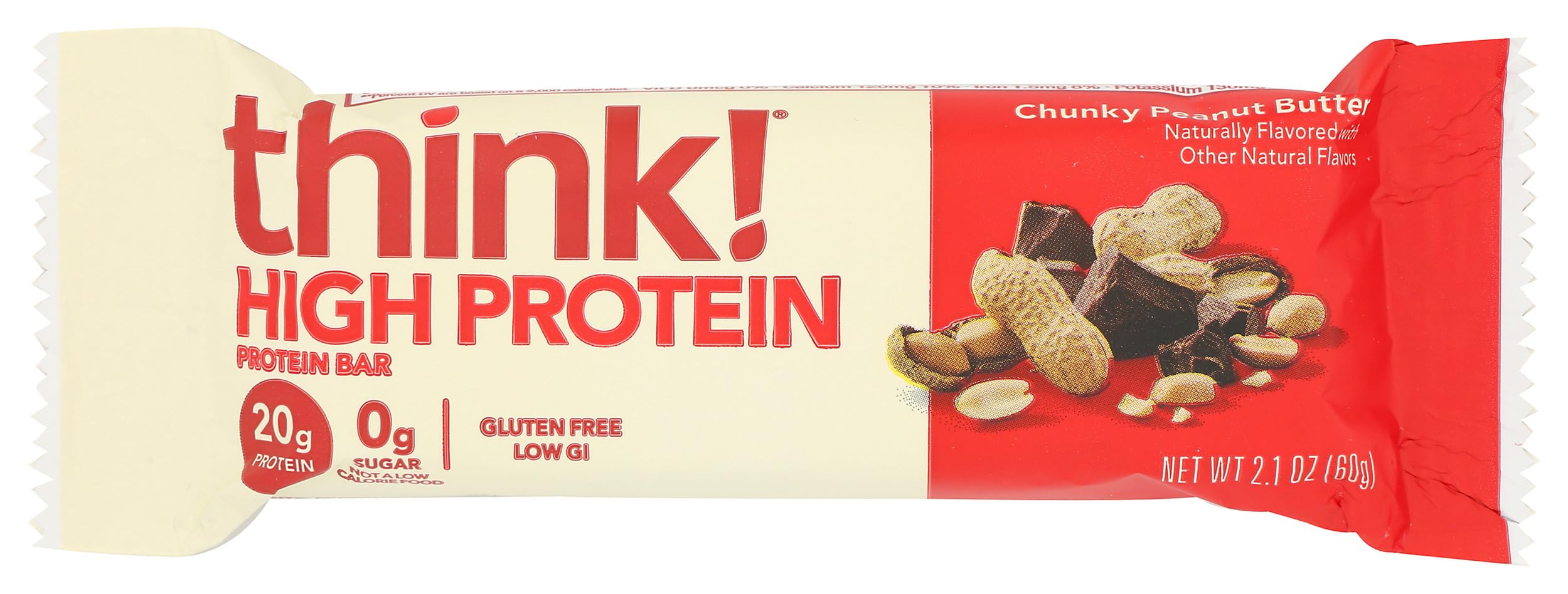think!, High Protein Bars - Chunky Peanut Butter, 20g Protein, 0g Sugar, No Artificial Sweeteners, Gluten Free, GMO Free, 2.1 Ounce bar