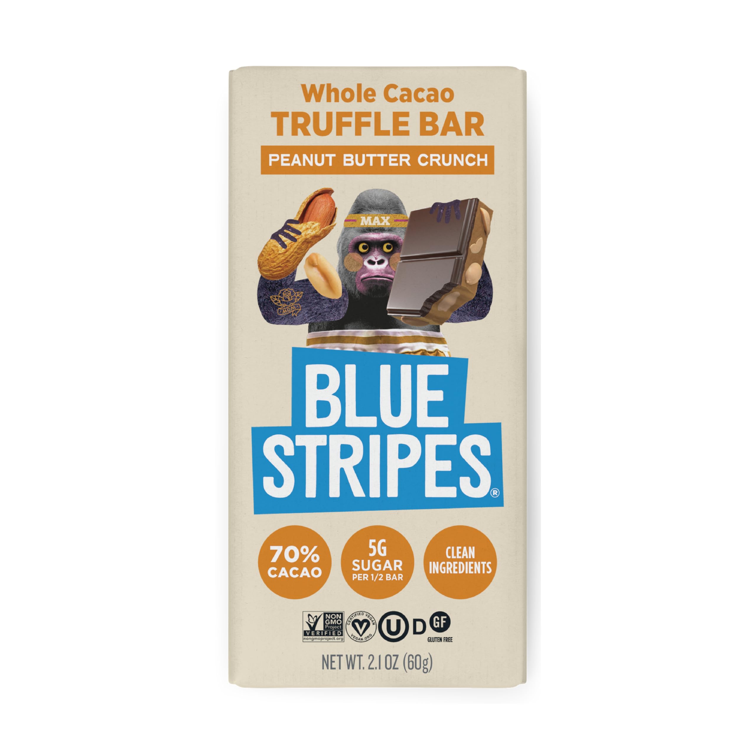 Blue Stripes - Peanut Butter Crunch Whole Cacao Truffle Chocolate Bars, 70% Cacao, Peanut Butter Crunch, Healthy Chocolate, Vegan, No Refined Sugar, Non GMO, Gluten Free, 2.1 OZ