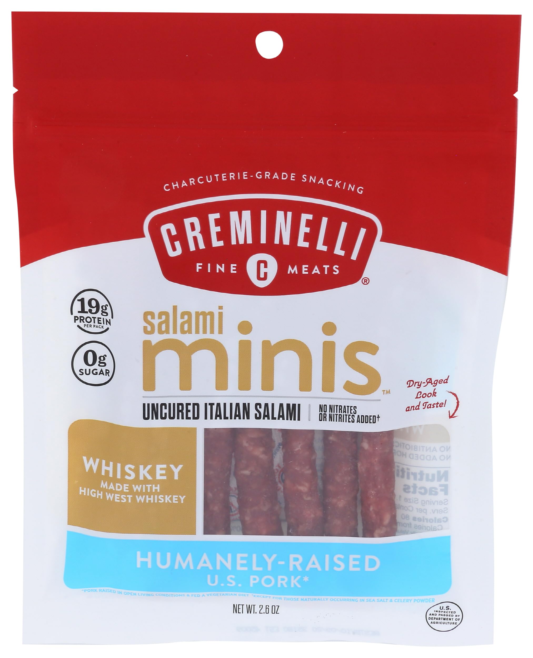 Creminelli Whiskey Salami Minis, (1 count 2.6oz), Humanely Raised Pork*, No Added Nitrates or Nitrites, No Artificial Ingredients, Gluten Free, Keto & Paleo Friendly Snacks, 19g Protein Per Pouch, 0g Sugar**