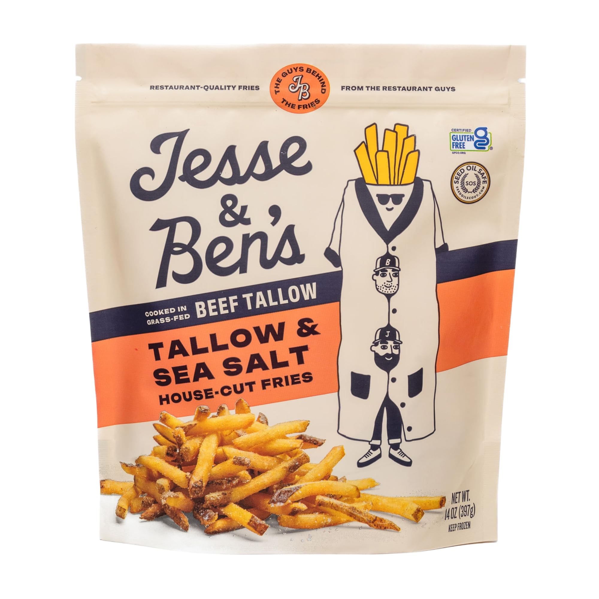 Jesse & Ben's Grass-Fed Beef Tallow & Sea Salt House-Cut Fries, 14 oz | Gluten-Free, Non-GMO Frozen Potatoes, Simple Snack with No Seed Oils for a Crispy Treat with 3 Ingredients