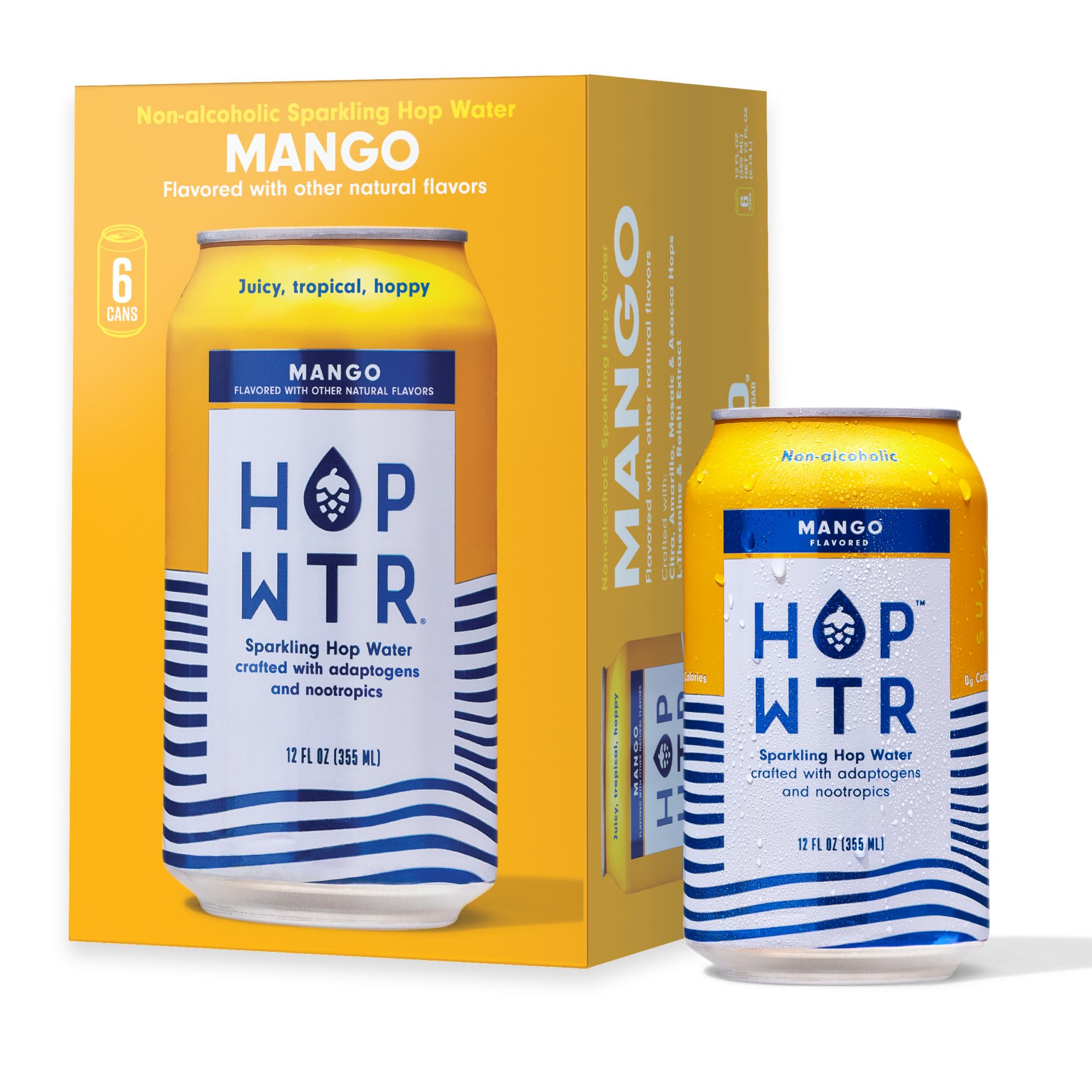HOPWTR Mango Sparkling Hop Water, Non Alcoholic Beer Alternative Drink with Adaptogens, Nootropics & Vitamin C, Zero Sugar, Zero Calorie, Gluten Free Alcohol Free NA Beverage, 12oz Cans (6 Pack)