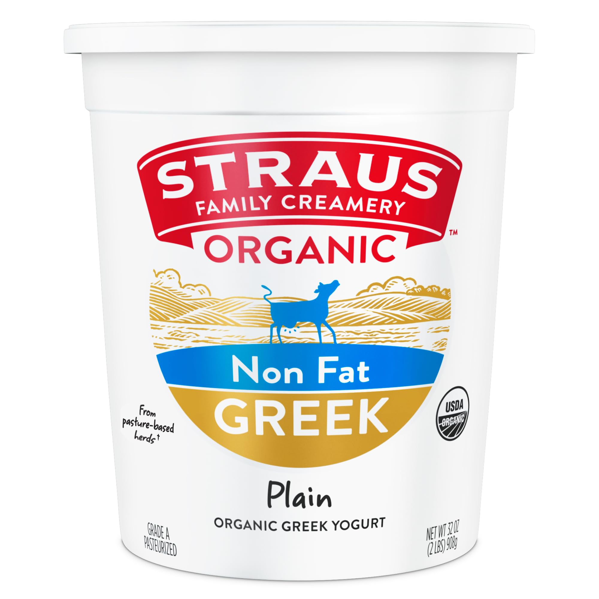Straus Family Creamery Organic Greek Nonfat Yogurt, Thick and Creamy, Simple Ingredients, 32oz