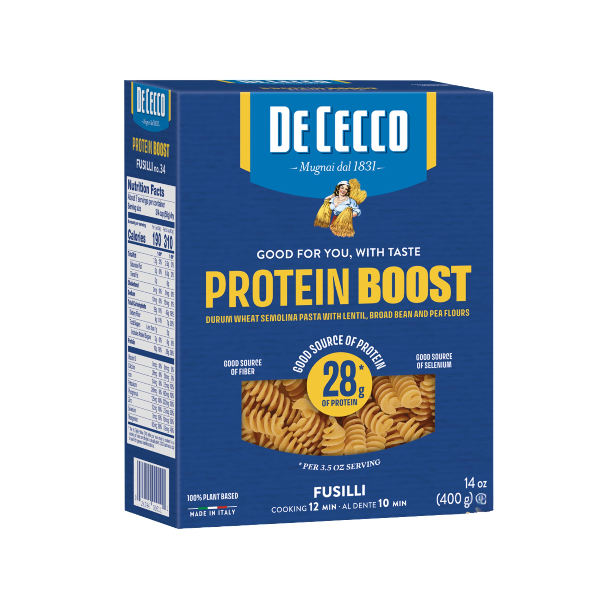 De Cecco Protein Boost Fusilli No. 34 Pasta, 14 Oz | High Protein Noodles, 28g Protein, Made with Durum Wheat, Lentils & Beans, Vegan, Versatile Pasta, Made in Italy