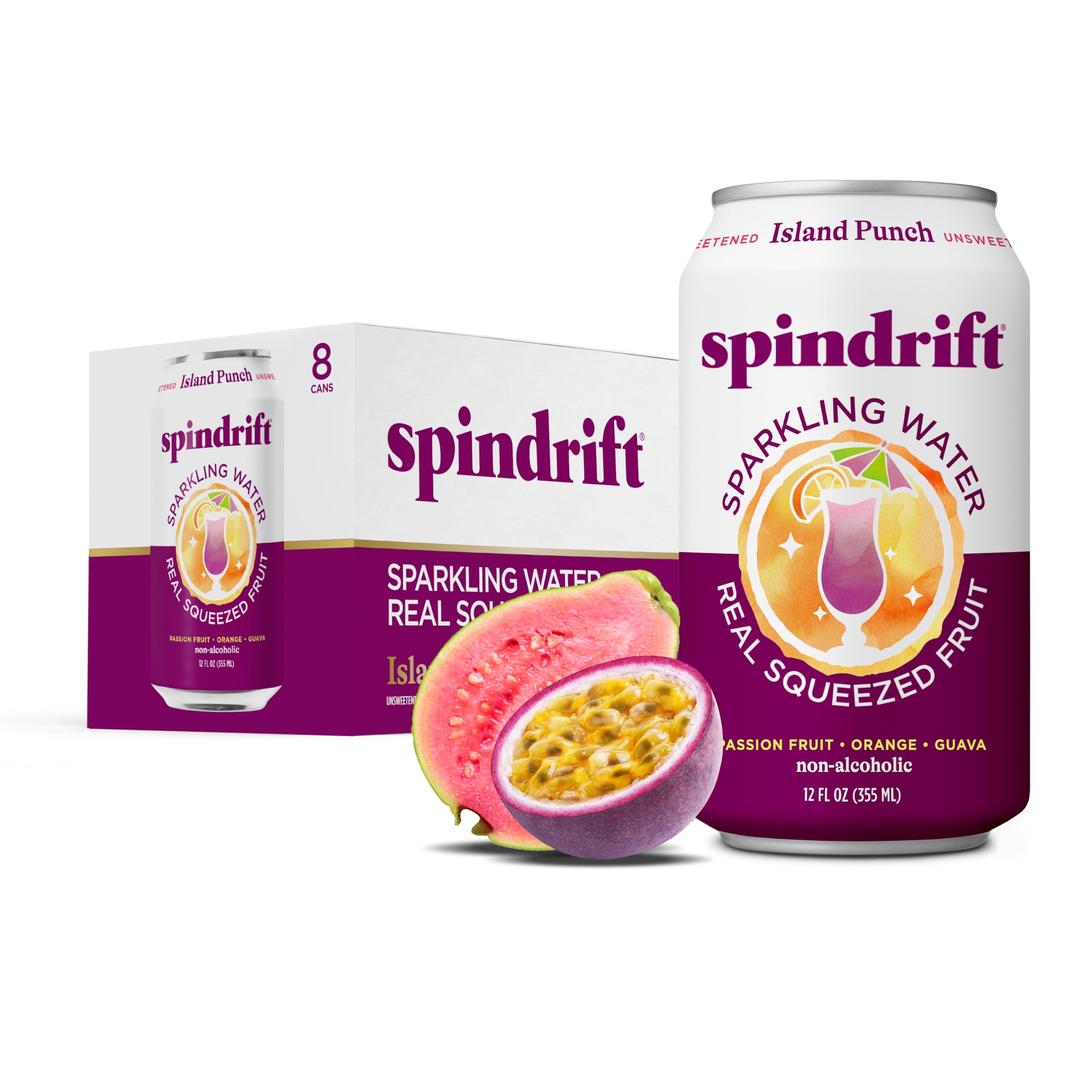 Spindrift Sparkling Water, Island Punch Flavored, Made with Real Squeezed Fruit, 12 Fl Oz Cans, Pack of 8 (Only 21 Calories per Can)