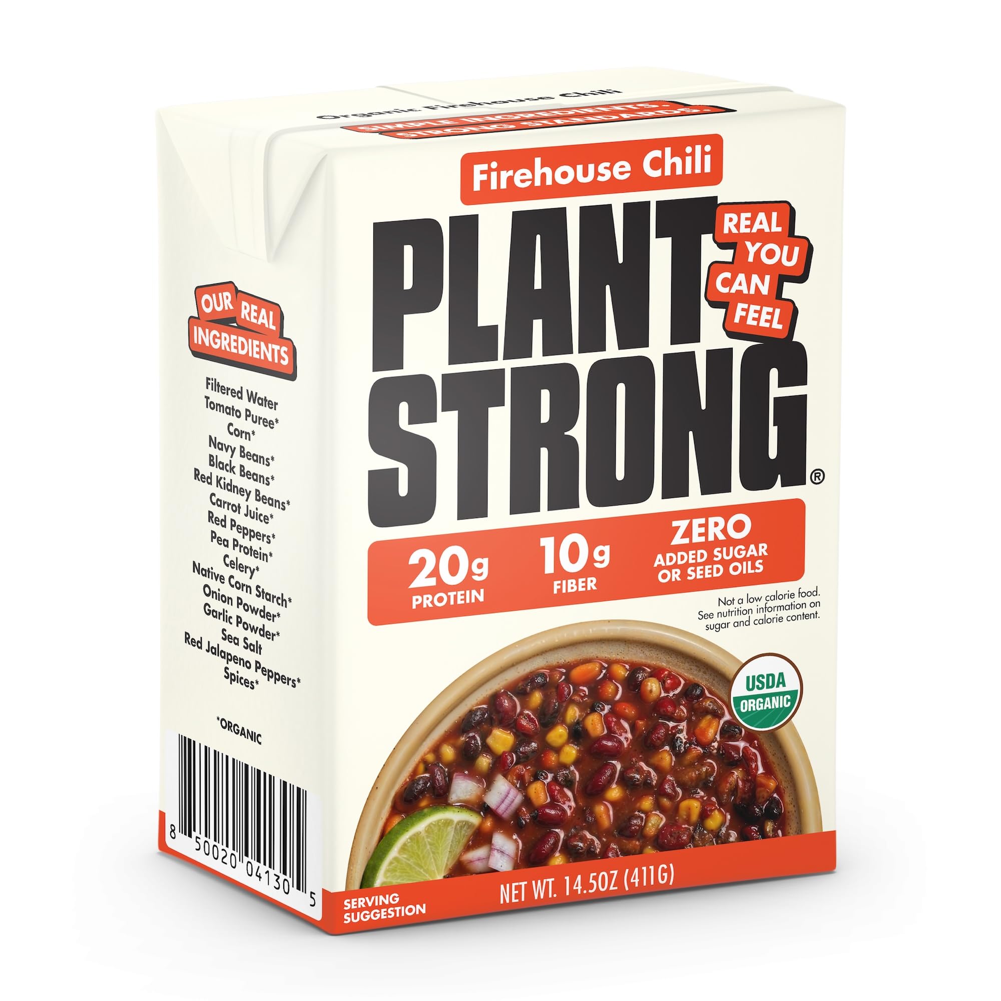 Plant Strong Organic Firehouse Chili, 14.5 oz | High Protein Vegan Chili with Three Bean Blend, 20g Protein, 10g Fiber, USDA Organic, No Seed Oils, Ready-to-Eat Meal