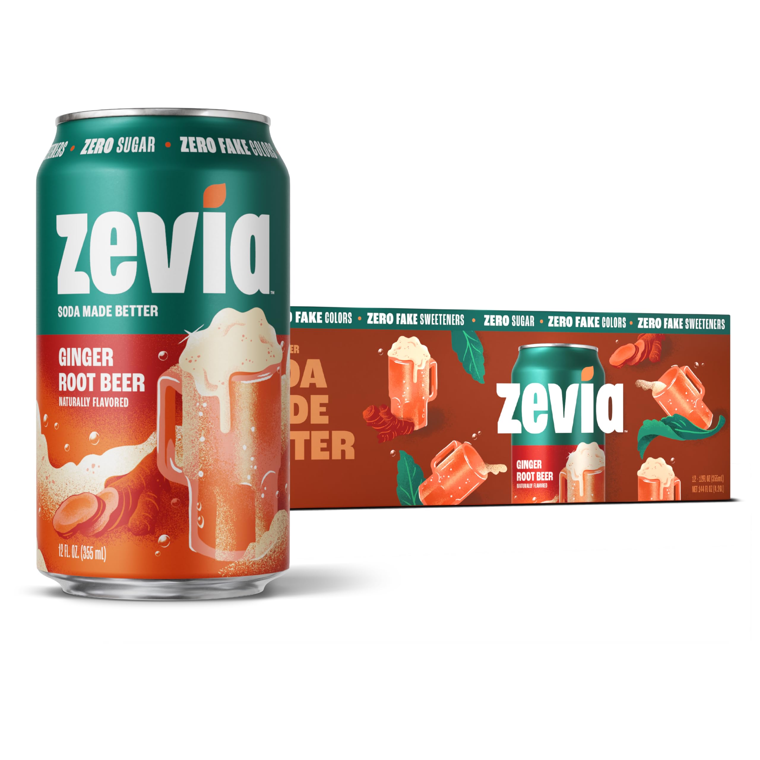 Zevia Zero Sugar Soda, Ginger Root Beer, 12 Ounce Cans (Pack of 12)