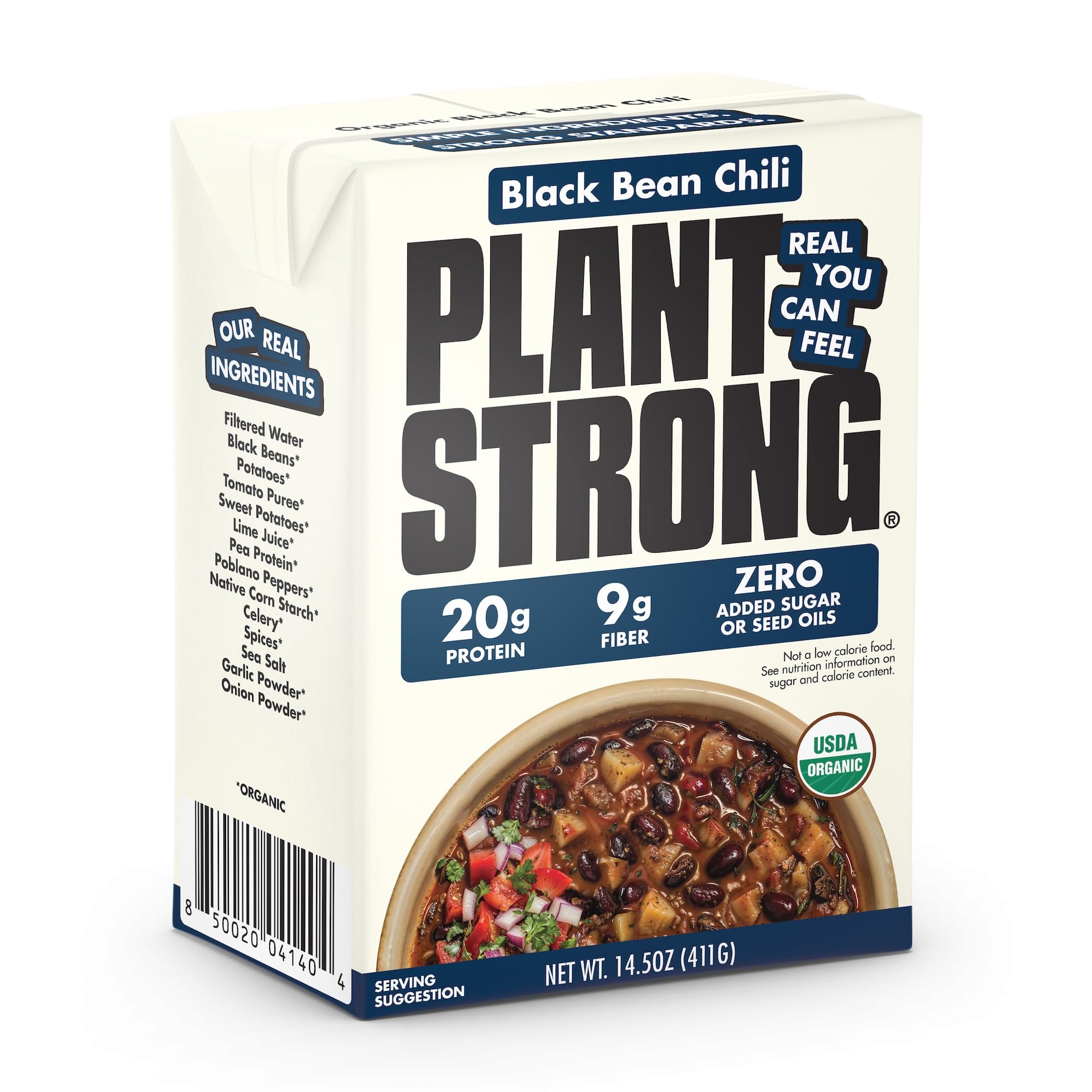 Plant Strong Organic Black Bean Chili, 14.5 oz | High Protein Vegan Black Bean Chili with Sweet Potatoes & Poblano Peppers, 20g Protein, USDA Organic, No Seed Oils