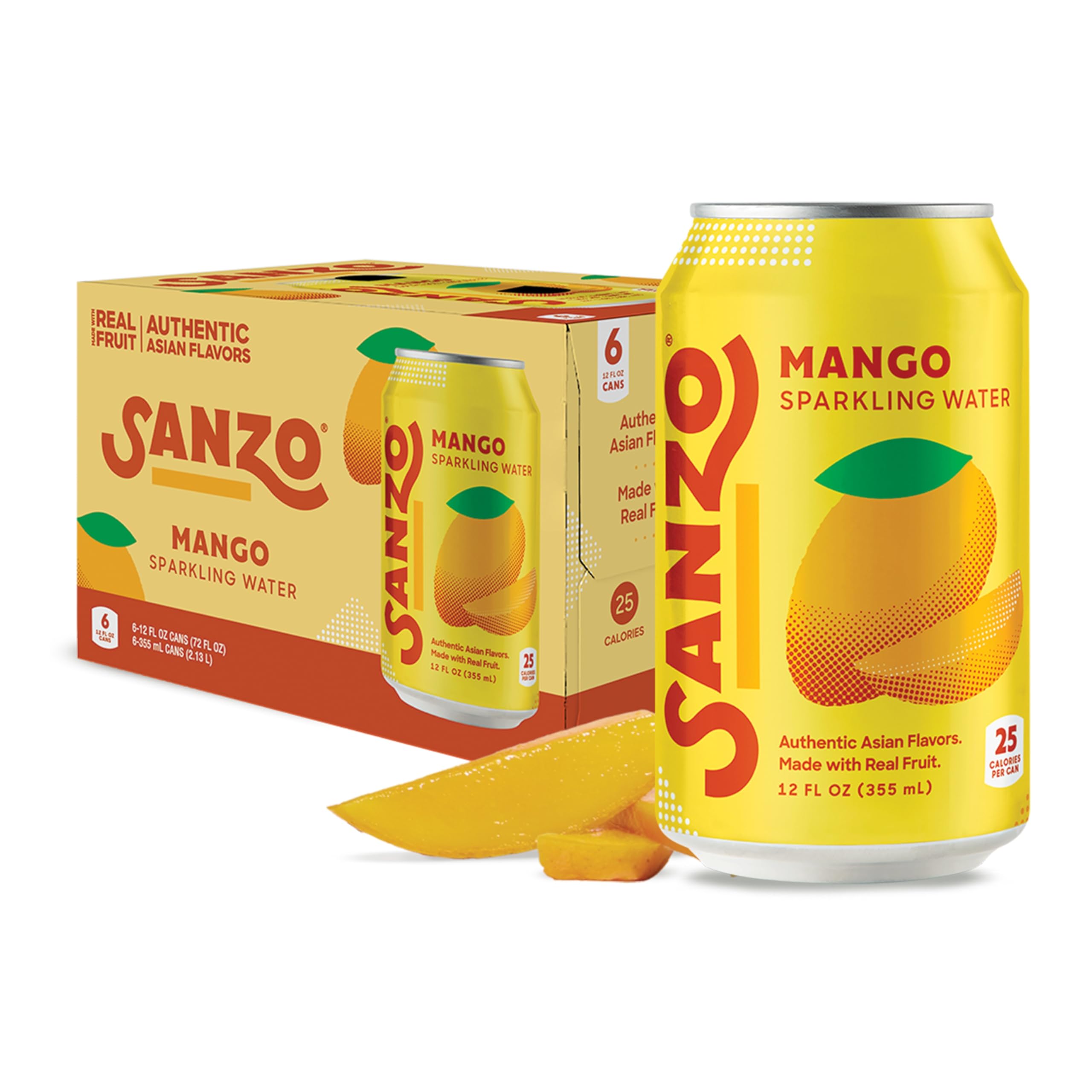 Sanzo Flavored Sparkling Water - Mango Seltzer | 12oz, 6 Pack, Low Calorie Low Sugar, Craft Asian Drinks, Vegan Gluten Free Carbonated Flavored Water, Fizzy Healthy Drinks
