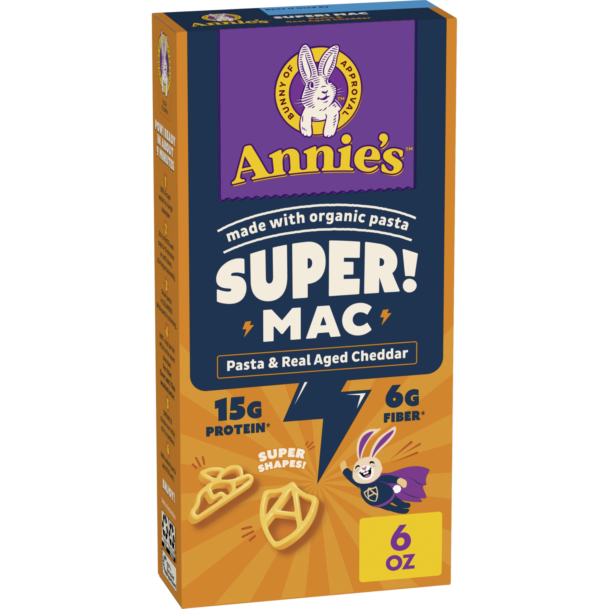Annie's Super! Mac Shapes Pasta and Real Aged Cheddar Mac & Cheese, 6 oz | 15g Protein and 6g Fiber Per Serving, Organic Wheat and Pea Pasta, Fun Super Shapes, Ready in About 10 Minutes
