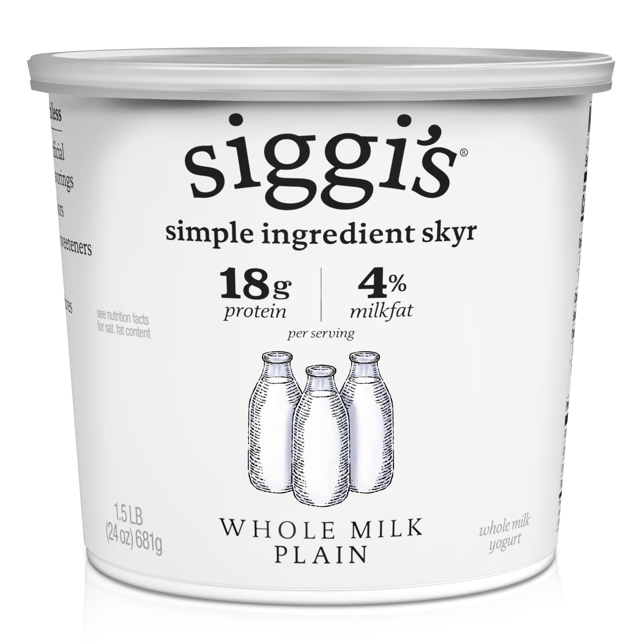 siggi’s Icelandic Skyr Whole Milk Yogurt, Plain, 24 oz Tub