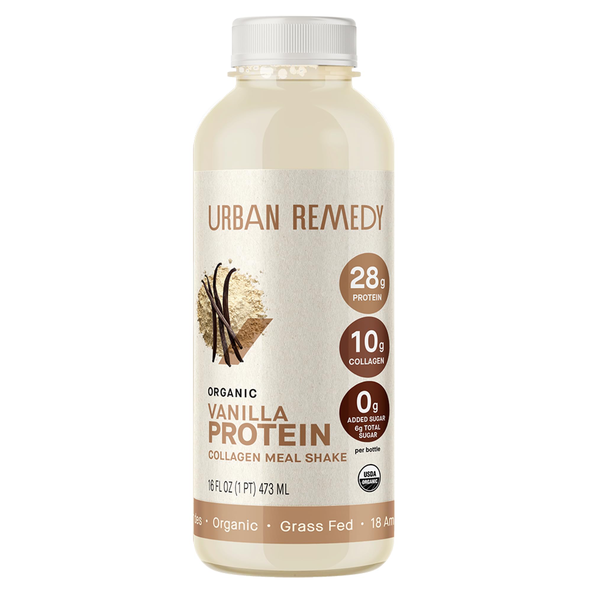 Urban Remedy Vanilla Protein Collagen Meal Shake, 16 oz | 28g Protein, 10g Organic Grass-Fed Collagen, No Added Sugar, Dairy-Free, Ready-to-Drink