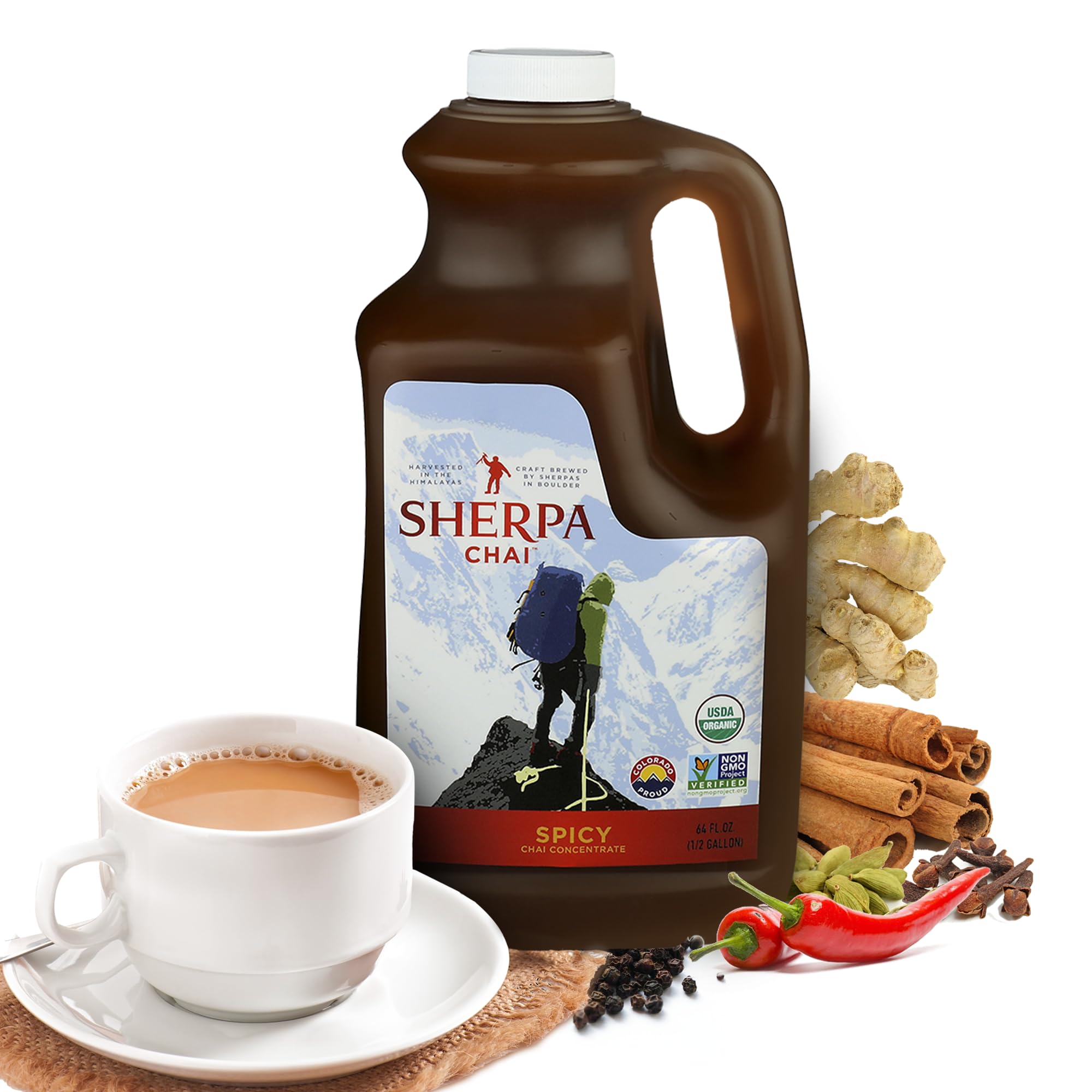 Sherpa Chai Spicy Organic Chai Tea Concentrate, 64 oz - Himalayan Black Tea Concentrate w/Freshly Pressed Ginger - Authentic Recipe Brewed by Nepali Sherpas - Chai Tea Gift for Latte Tea Lovers