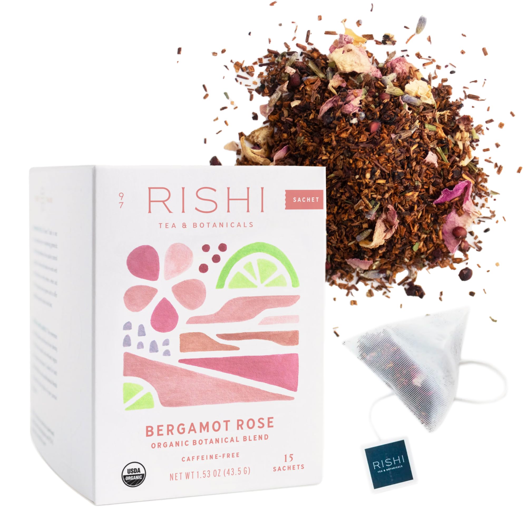 Rishi Tea Bergamot Rose Organic Herbal Sachet Tea Bags, Caffeine Free, 15ct | Floral and Citrus Botanical Herbal Tea Blend, Soothing Everyday Brew, Sustainable, 15 Servings