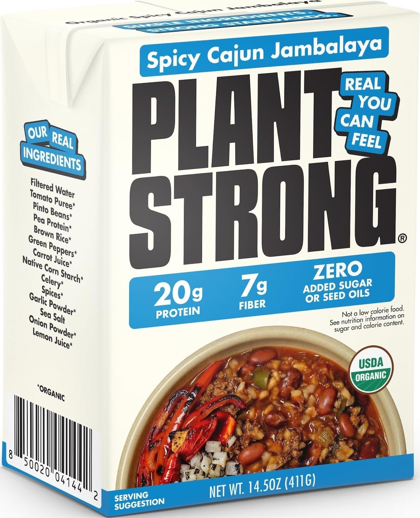 Plant Strong Organic Spicy Cajun Jambalaya, 14.5 oz | High Protein Vegan Stew with Brown Rice & Pinto Beans, 20g Protein, USDA Organic, No Seed Oils, Ready-to-Eat Plant-Based Meal